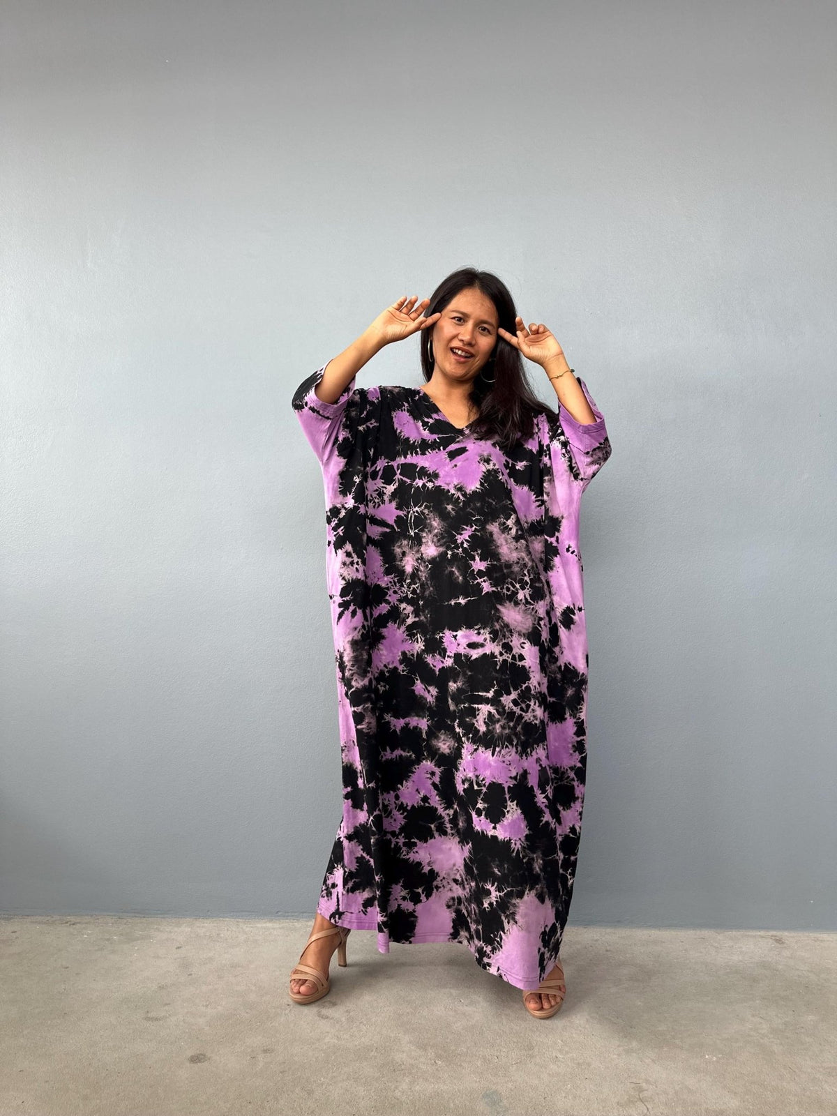 Mala Handworks Olivia Cotton Kaftan in Black and Purple Tie Dye