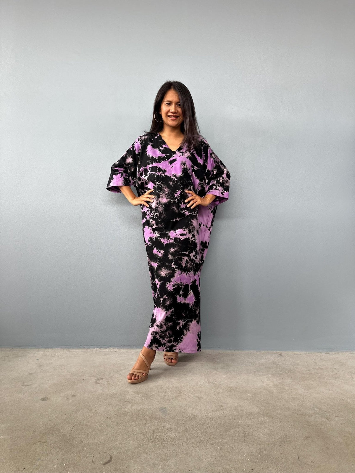 Mala Handworks Olivia Cotton Kaftan in Black and Purple Tie Dye