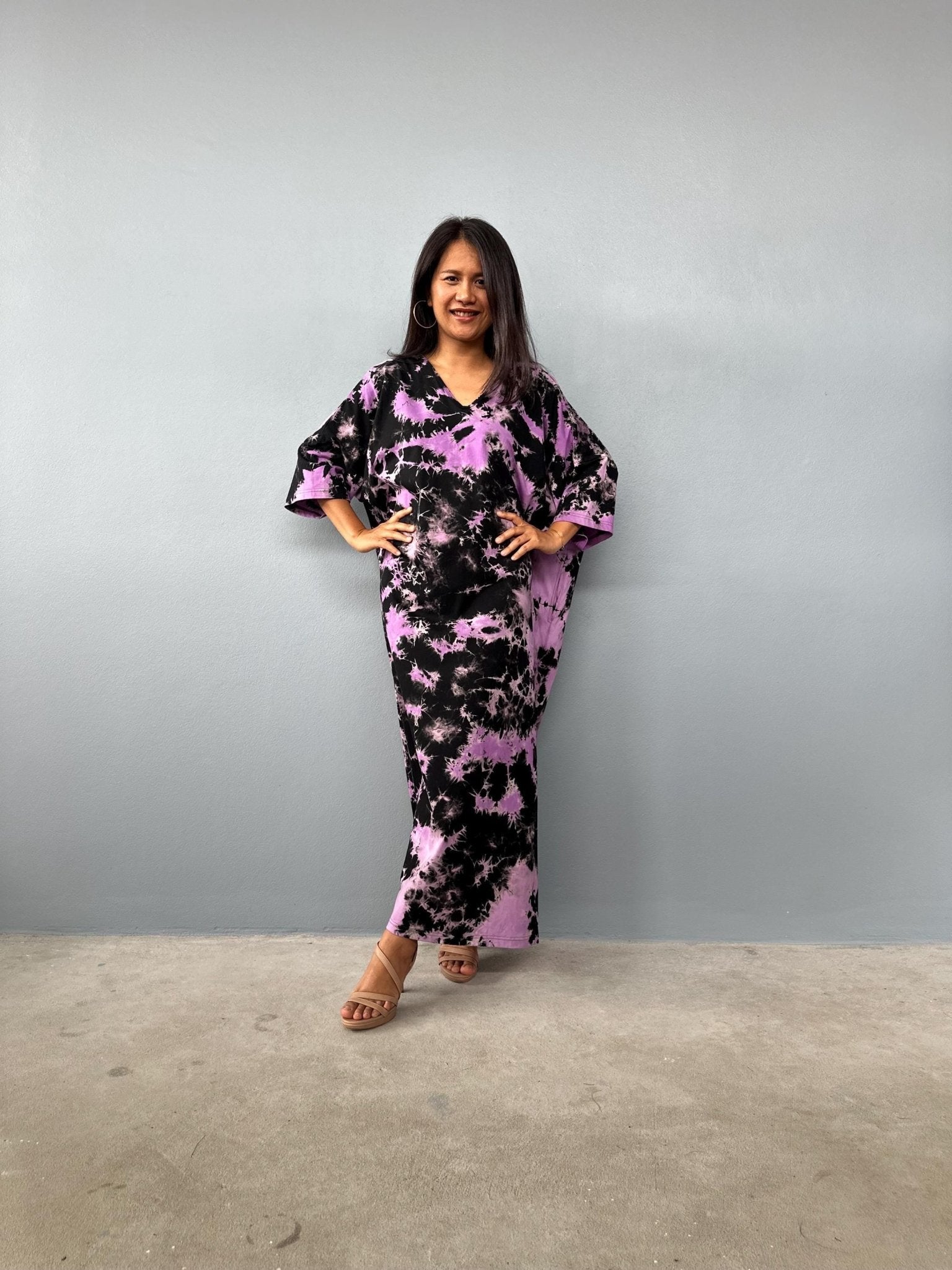 Mala Handworks Olivia Cotton Kaftan in Black and Purple Tie Dye