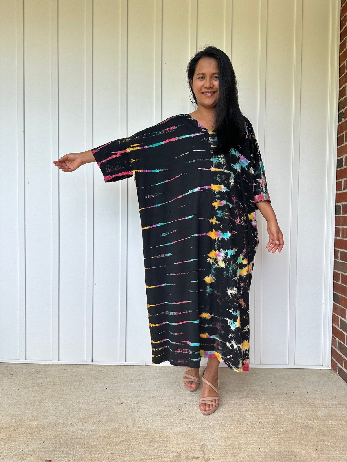 MALA handworks  Olivia Kaftan in Black and Rainbow Tie Dye