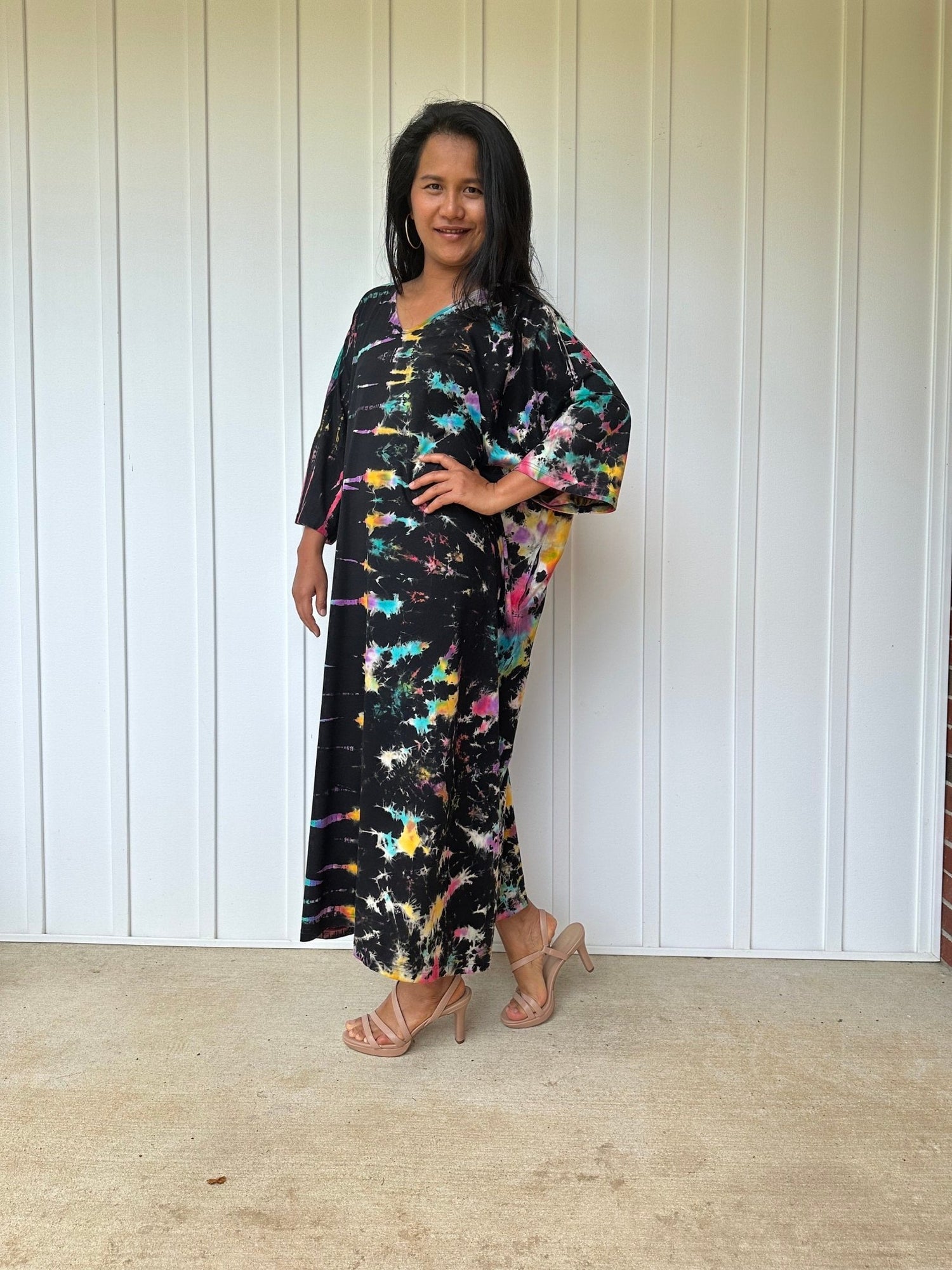 MALA handworks  Olivia Kaftan in Black and Rainbow Tie Dye