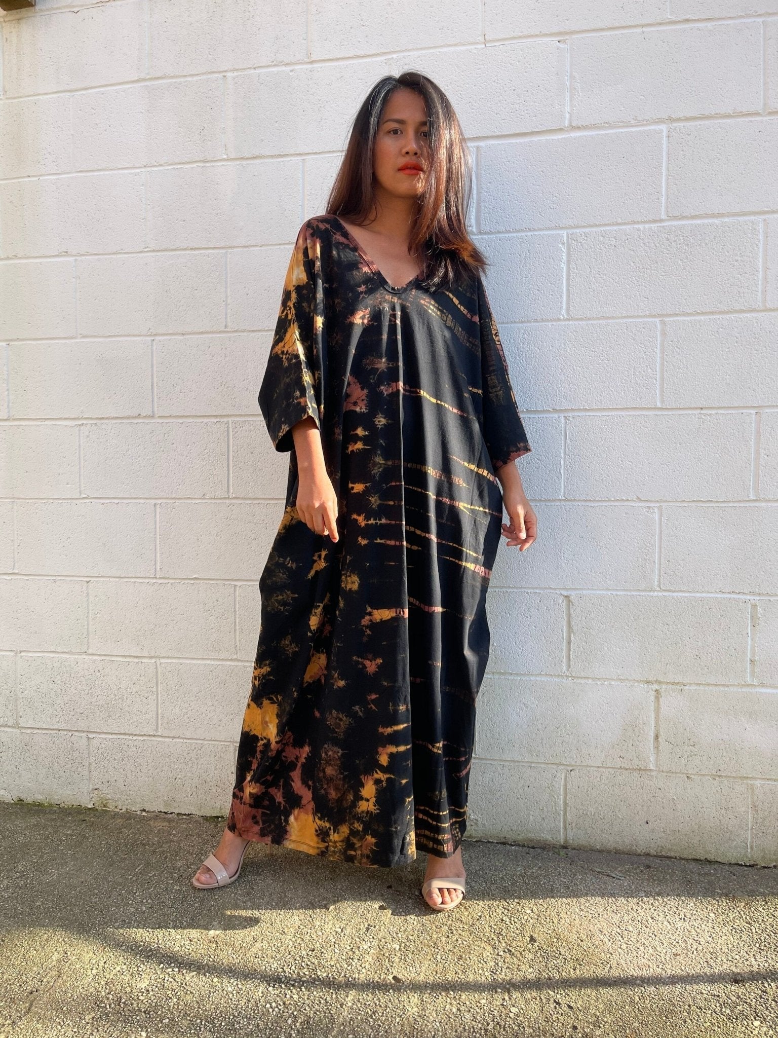 Olivia Cotton Kaftan in Black Rainbow Tie Dye - Mala Handworks