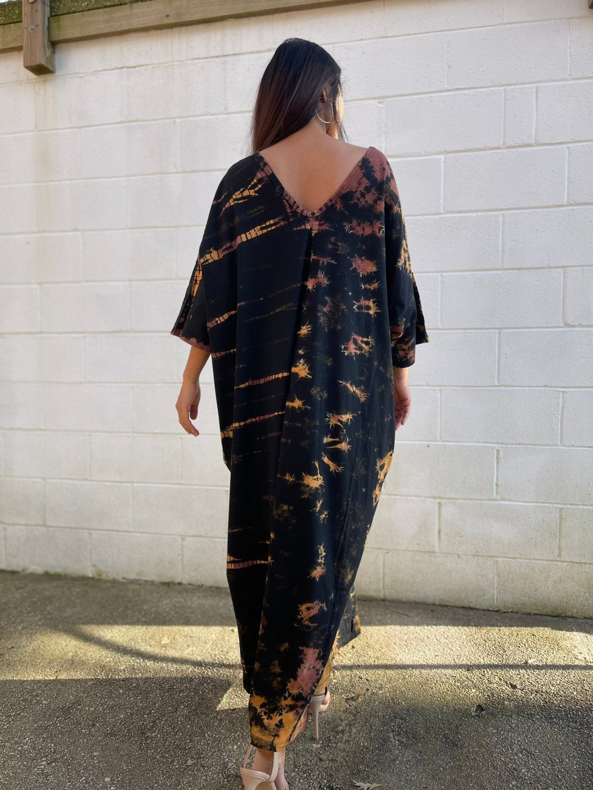 Olivia Cotton Kaftan in Black Rainbow Tie Dye - Mala Handworks