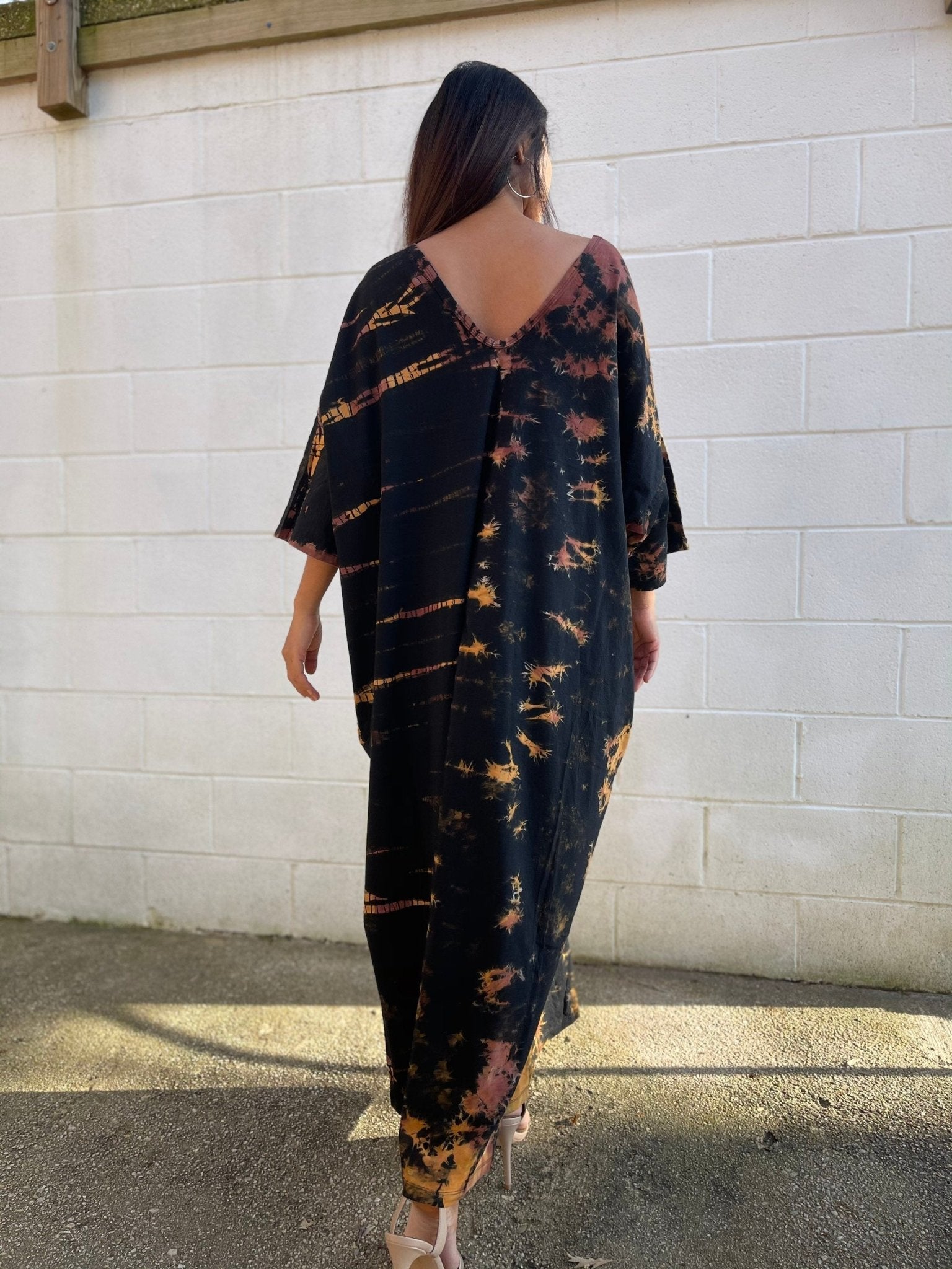 Olivia Cotton Kaftan in Black Rainbow Tie Dye - Mala Handworks