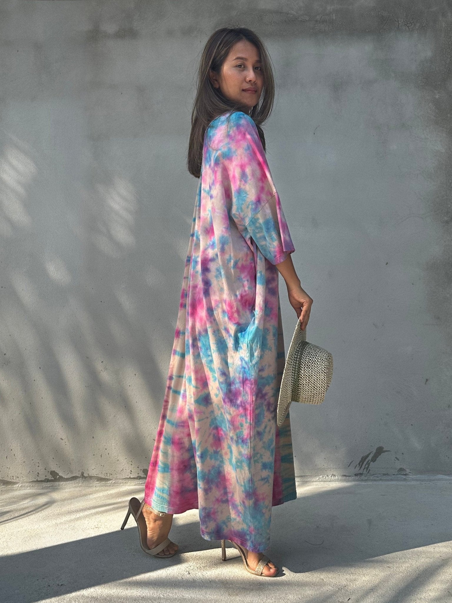 Mala Handworks Olivia Cotton Kaftan in Bubblegum Rainbow Tie Dye