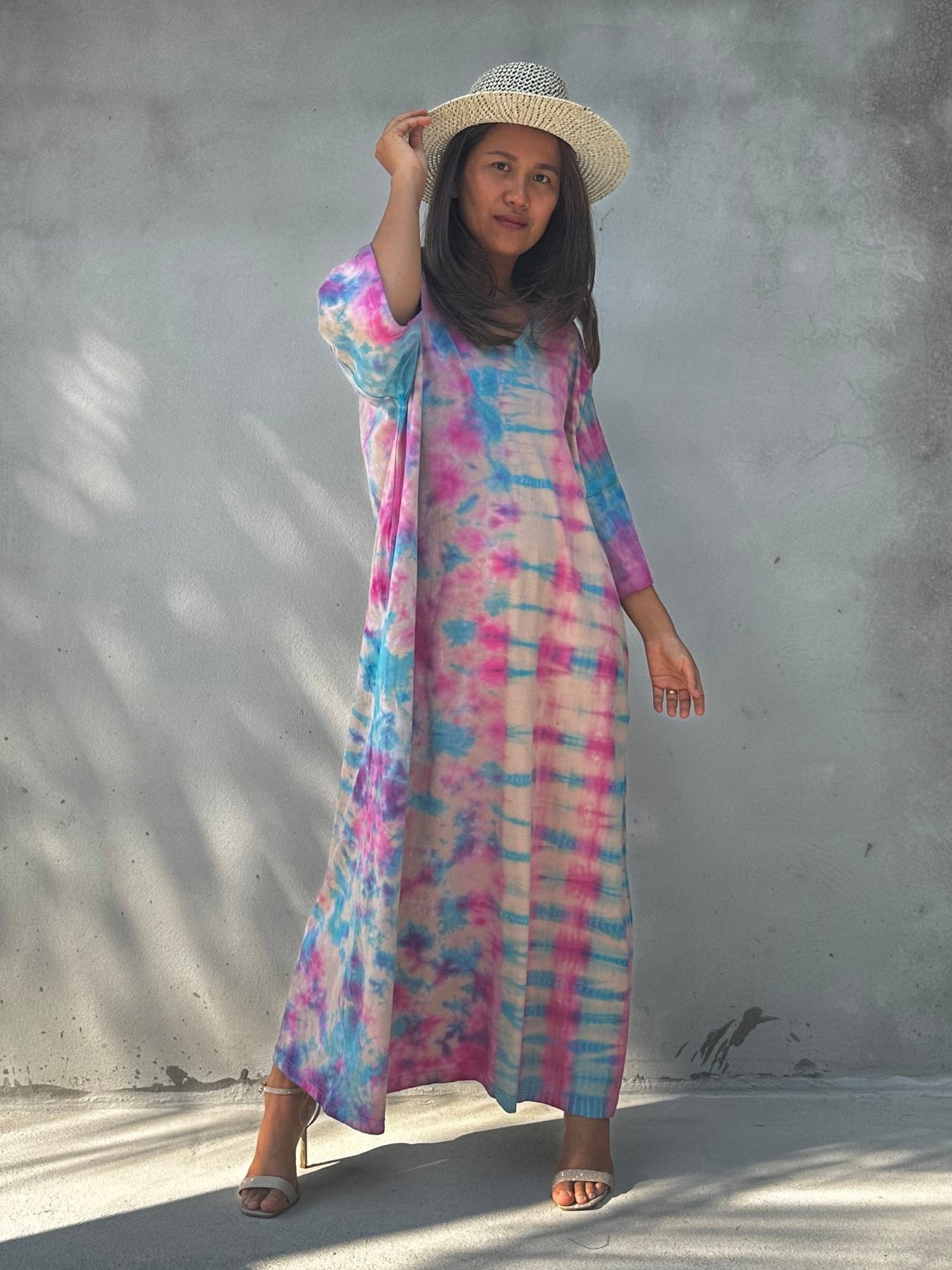 Mala Handworks Olivia Cotton Kaftan in Bubblegum Rainbow Tie Dye