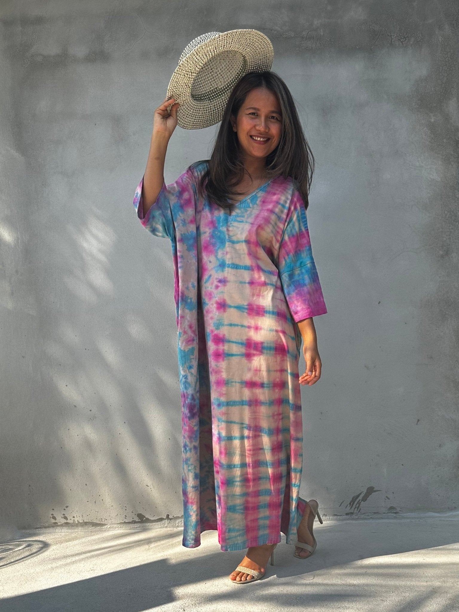 Mala Handworks Olivia Cotton Kaftan in Bubblegum Rainbow Tie Dye