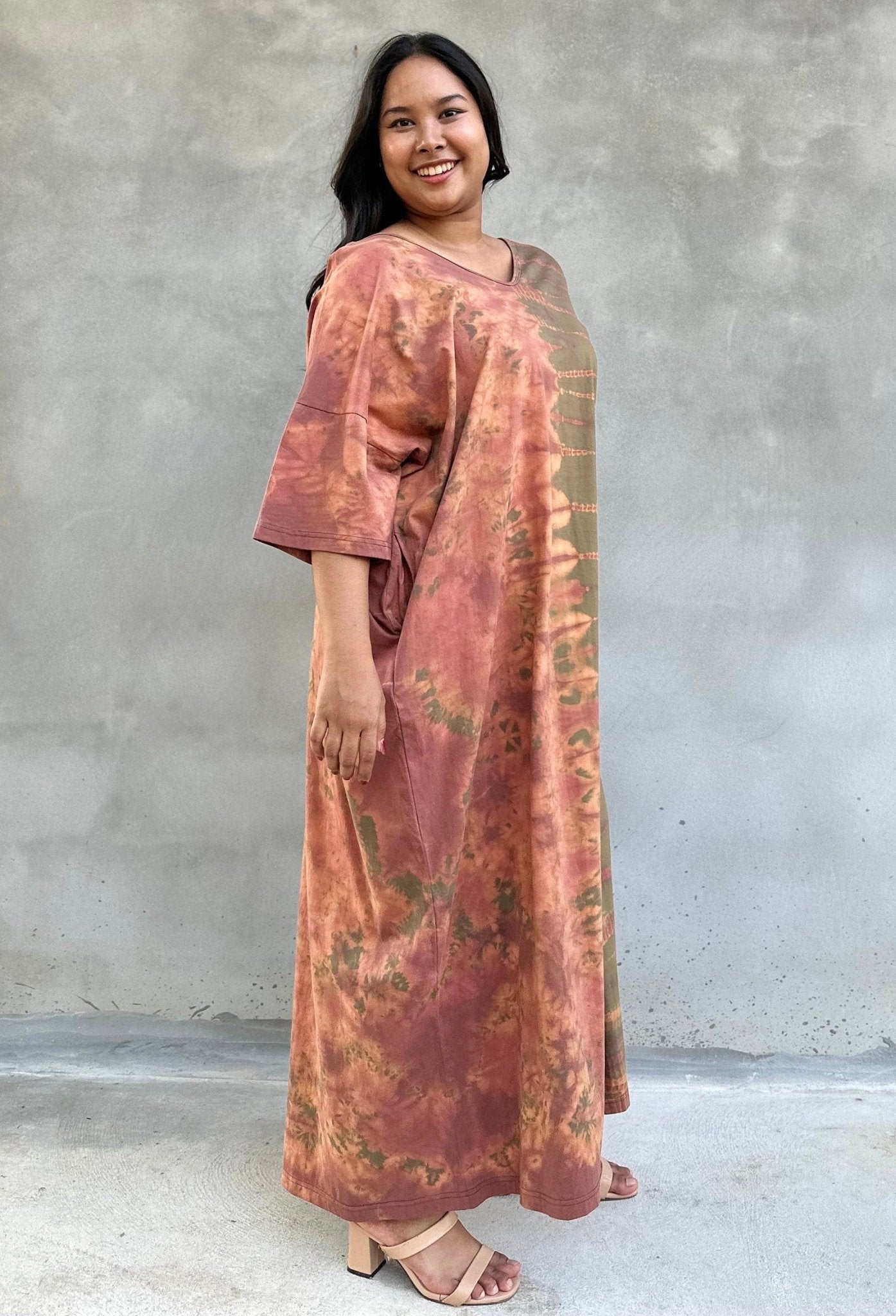 Mala Handworks Olivia Cotton Kaftan in Olive and Apricot Tie Dye