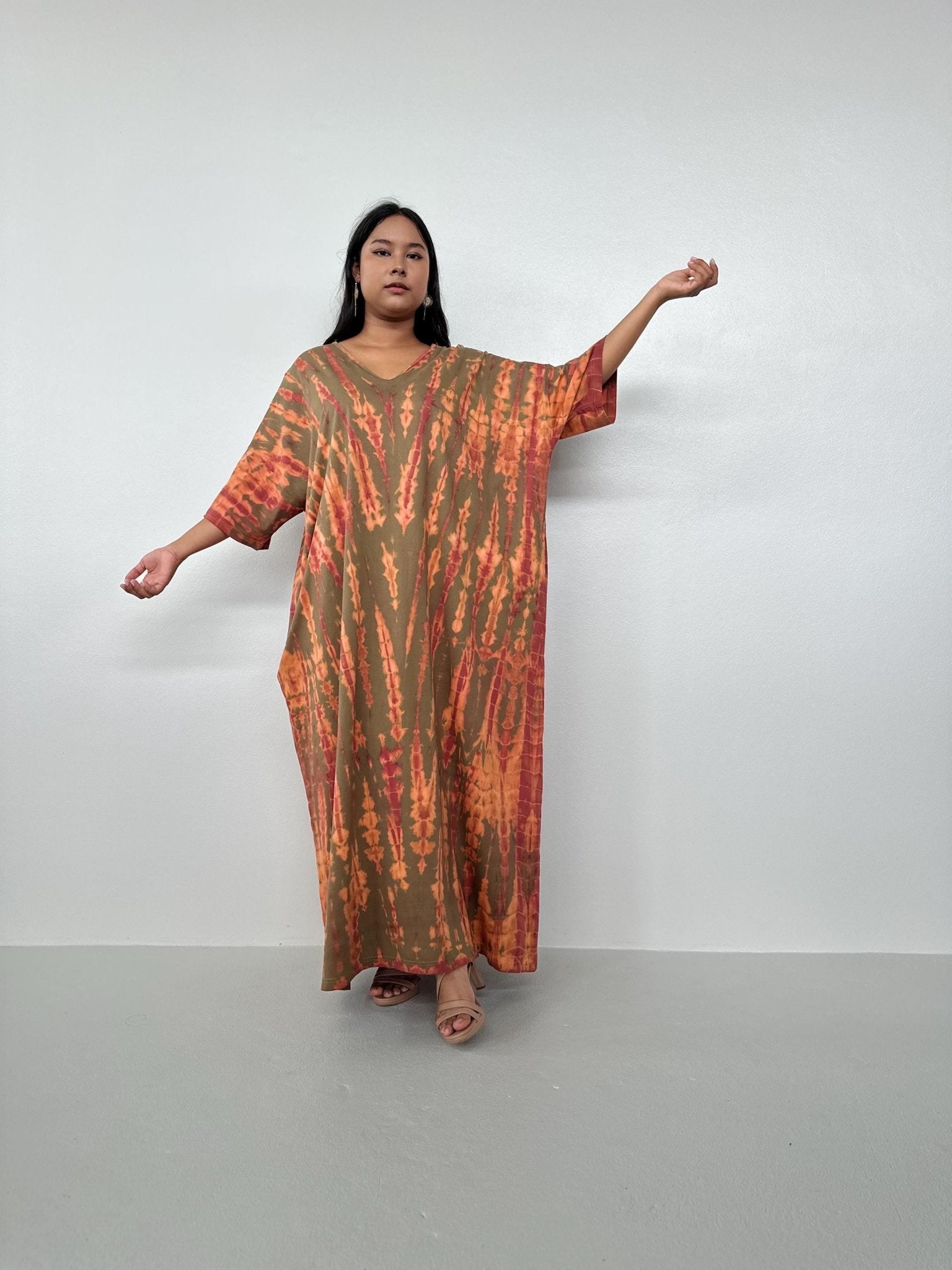 Mala Handworks Olivia Cotton Kaftan in Olive and Bronze Tie Dye