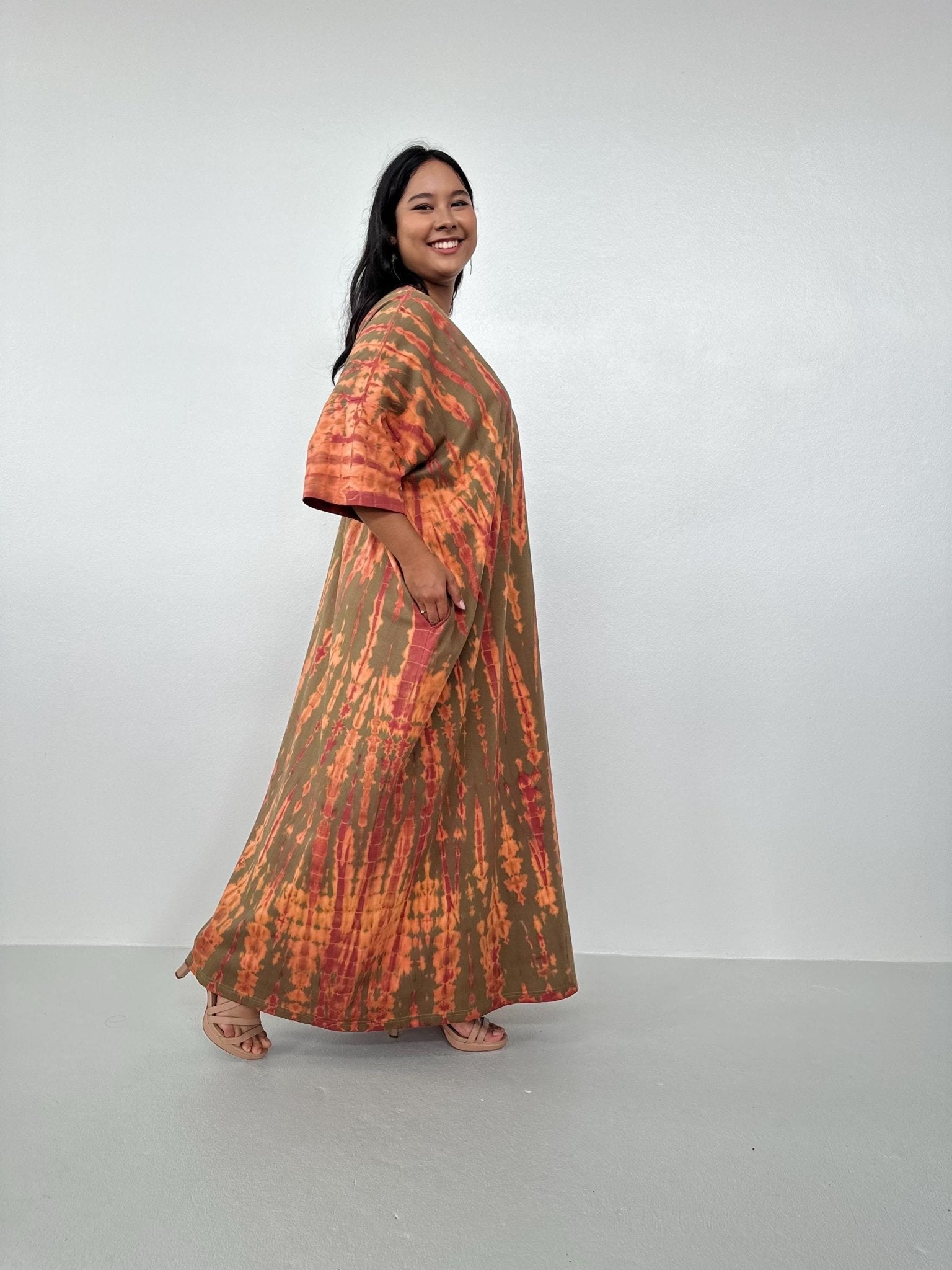 Mala Handworks Olivia Cotton Kaftan in Olive and Bronze Tie Dye
