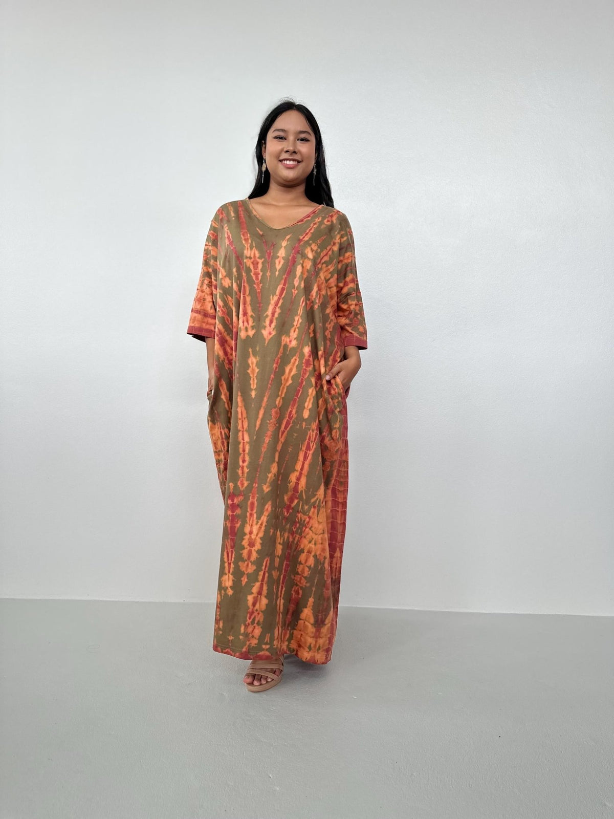 Mala Handworks Olivia Cotton Kaftan in Olive and Bronze Tie Dye