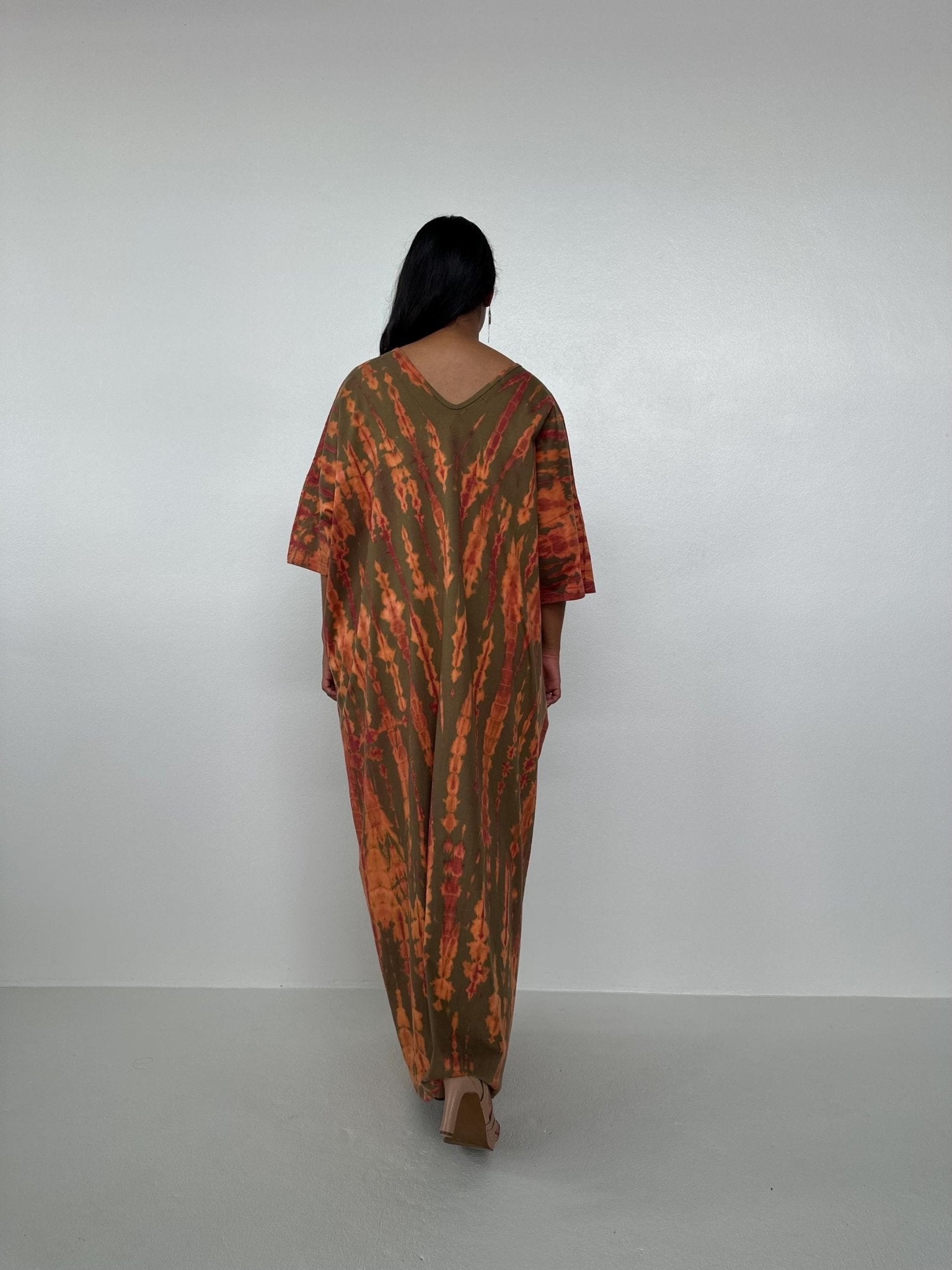 Mala Handworks Olivia Cotton Kaftan in Olive and Bronze Tie Dye