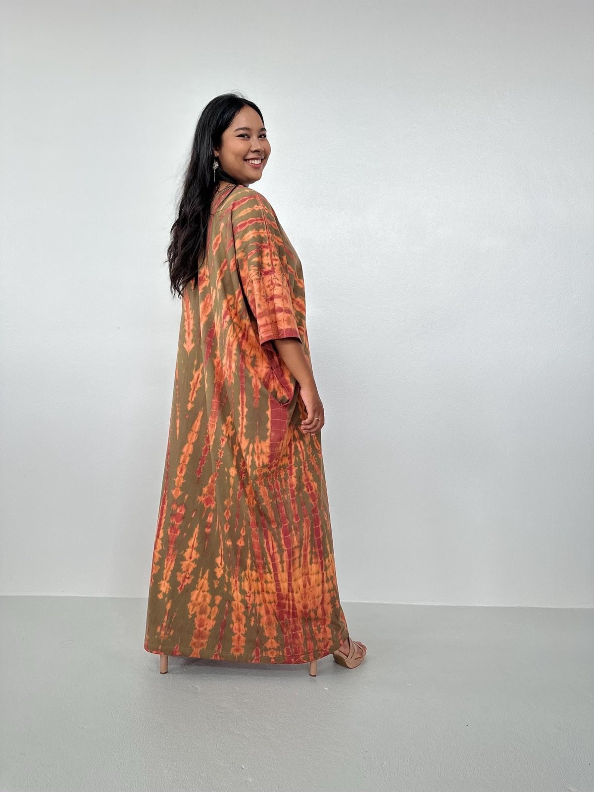 Mala Handworks Olivia Cotton Kaftan in Olive and Bronze Tie Dye