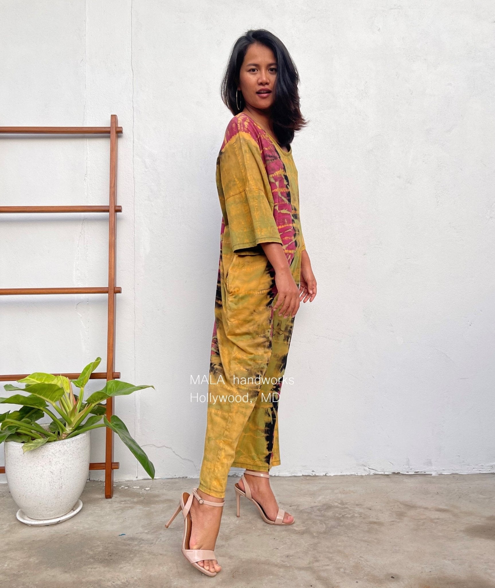 Olivia Cotton Kaftan in Yellow Rainbow Tie Dye - Mala Handworks