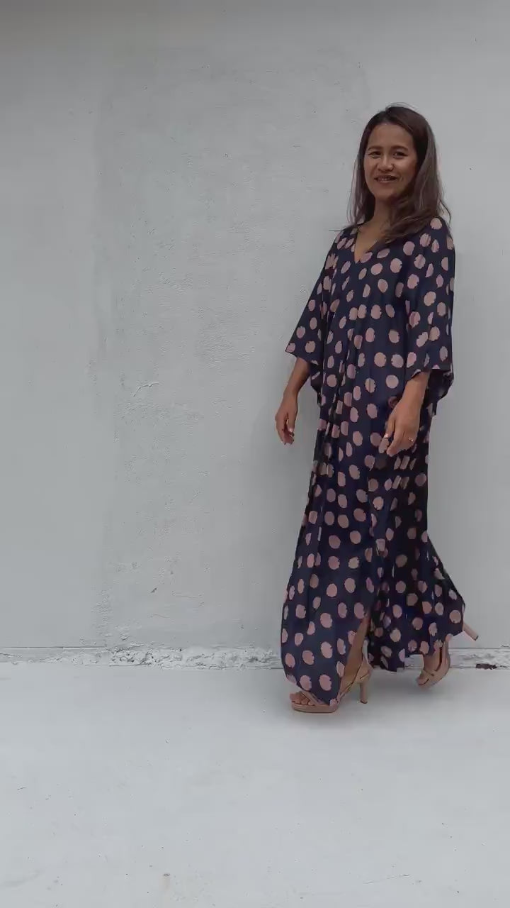Mala Handworks Luna Polka Dot Kaftan in Navy and Pink