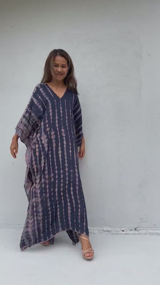Mala Kaftan in Dark Blue with Purple Tie Dye