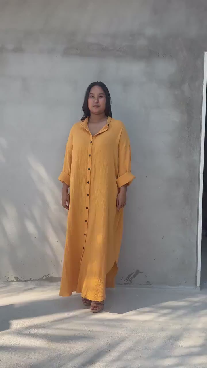 Aura Double Gauze Cotton Maxi Shirt Dress in Mango Yellow
