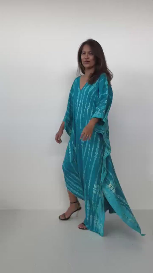 Mala Kaftan in Teal Aqua Blue and off White Tie Dye