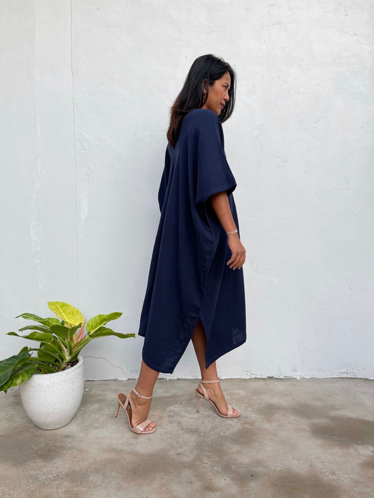 MALA handworks Skye Double Gauze Cotton Midi Kaftan in Blue