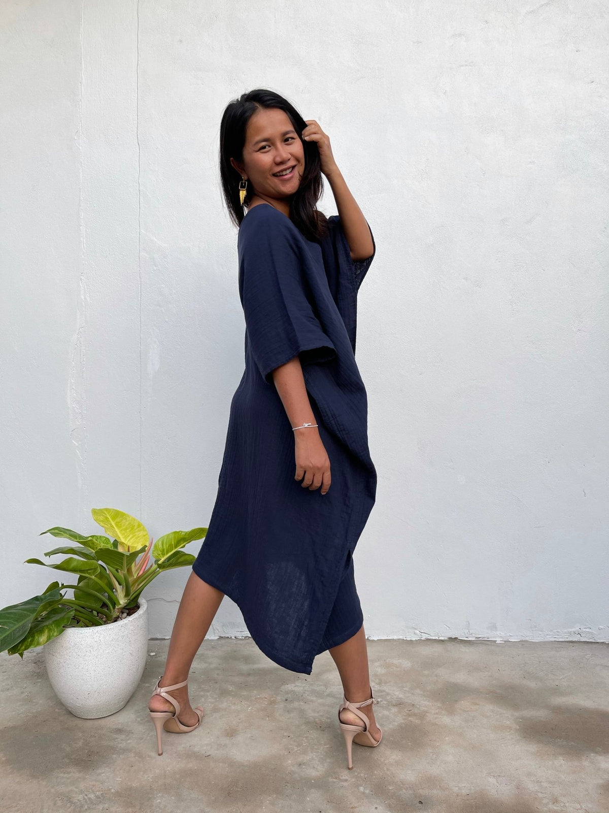 MALA handworks Skye Double Gauze Cotton Midi Kaftan in Blue