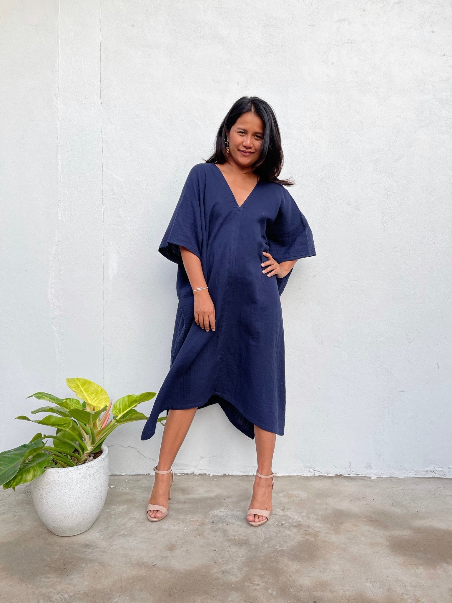 MALA handworks Skye Double Gauze Cotton Midi Kaftan in Blue