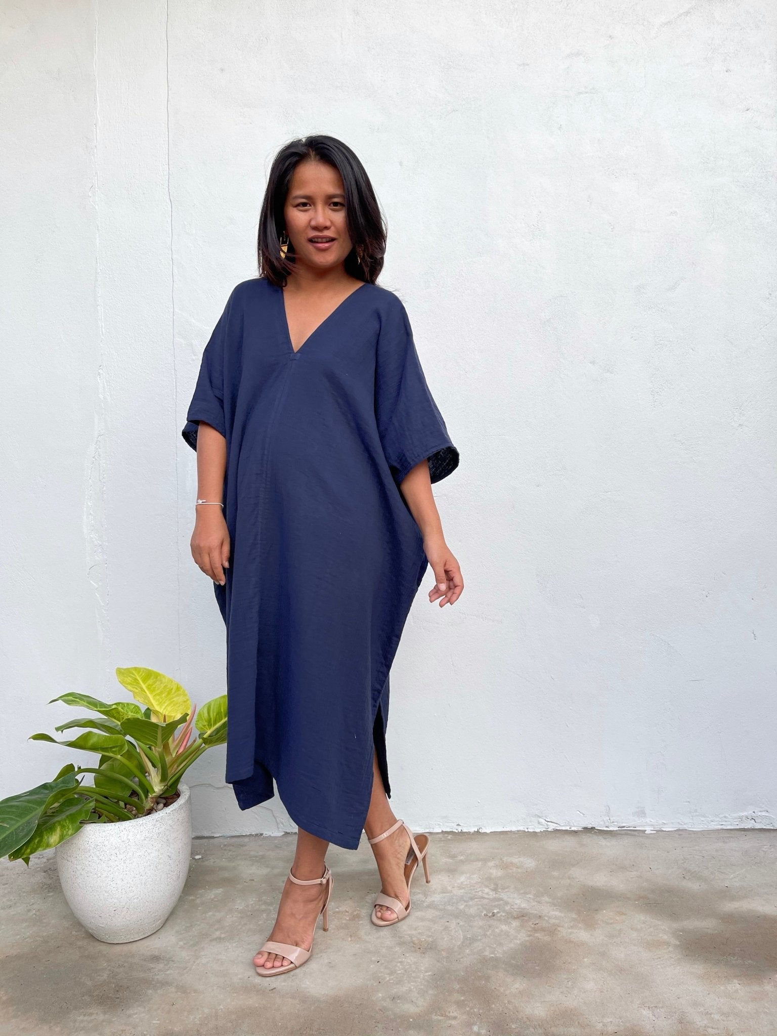 MALA handworks Skye Double Gauze Cotton Midi Kaftan in Blue