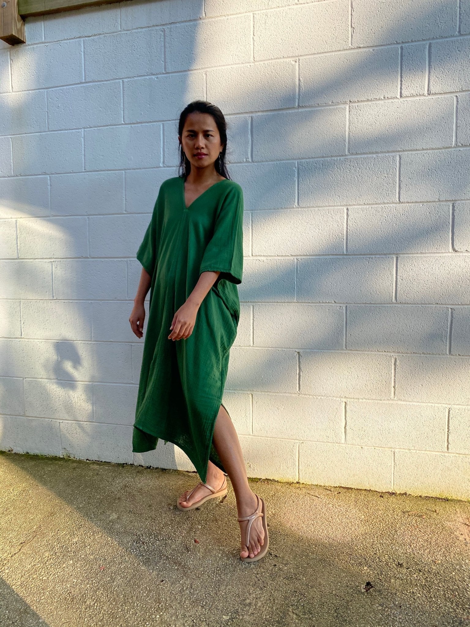 MALA handworks Skye Double Gauze Cotton Midi Kaftan in Emerald Green