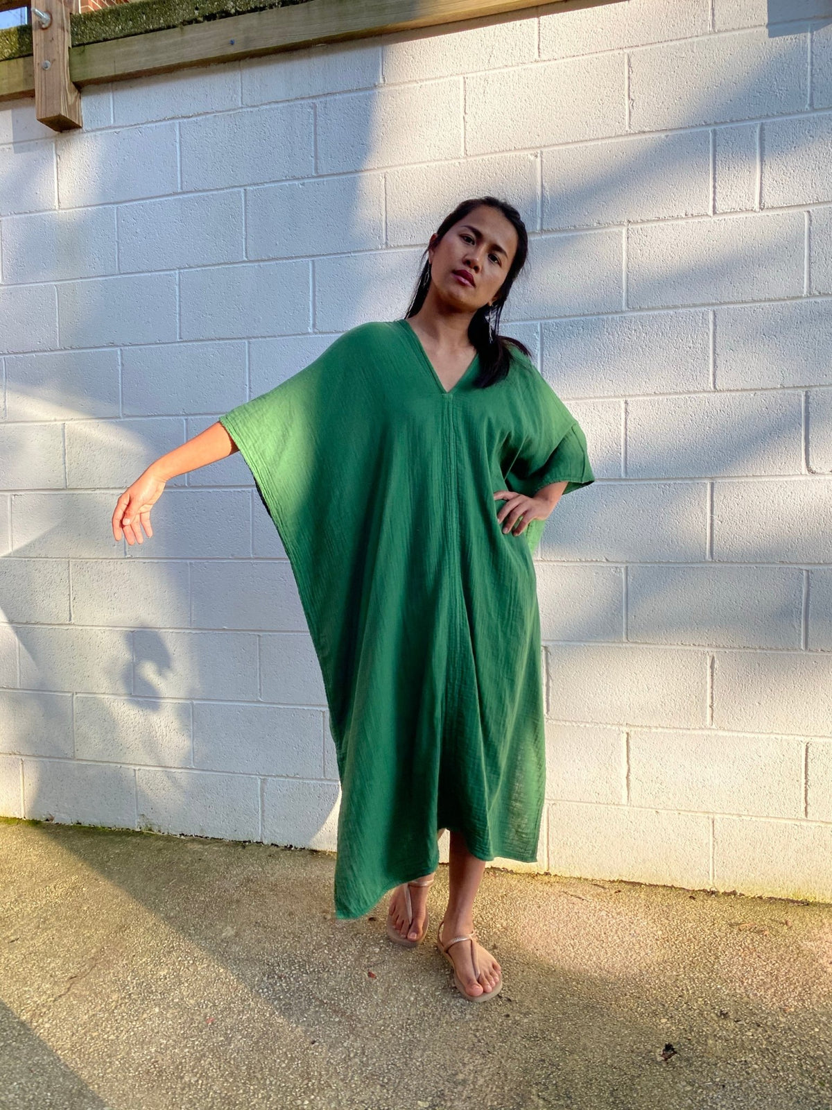 MALA handworks Skye Double Gauze Cotton Midi Kaftan in Emerald Green