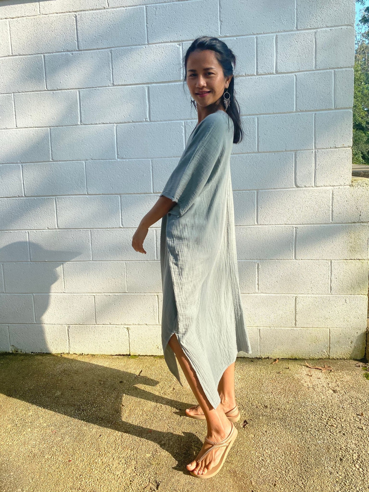 MALA handworks Skye Double Gauze Cotton Midi Kaftan in Green Sage