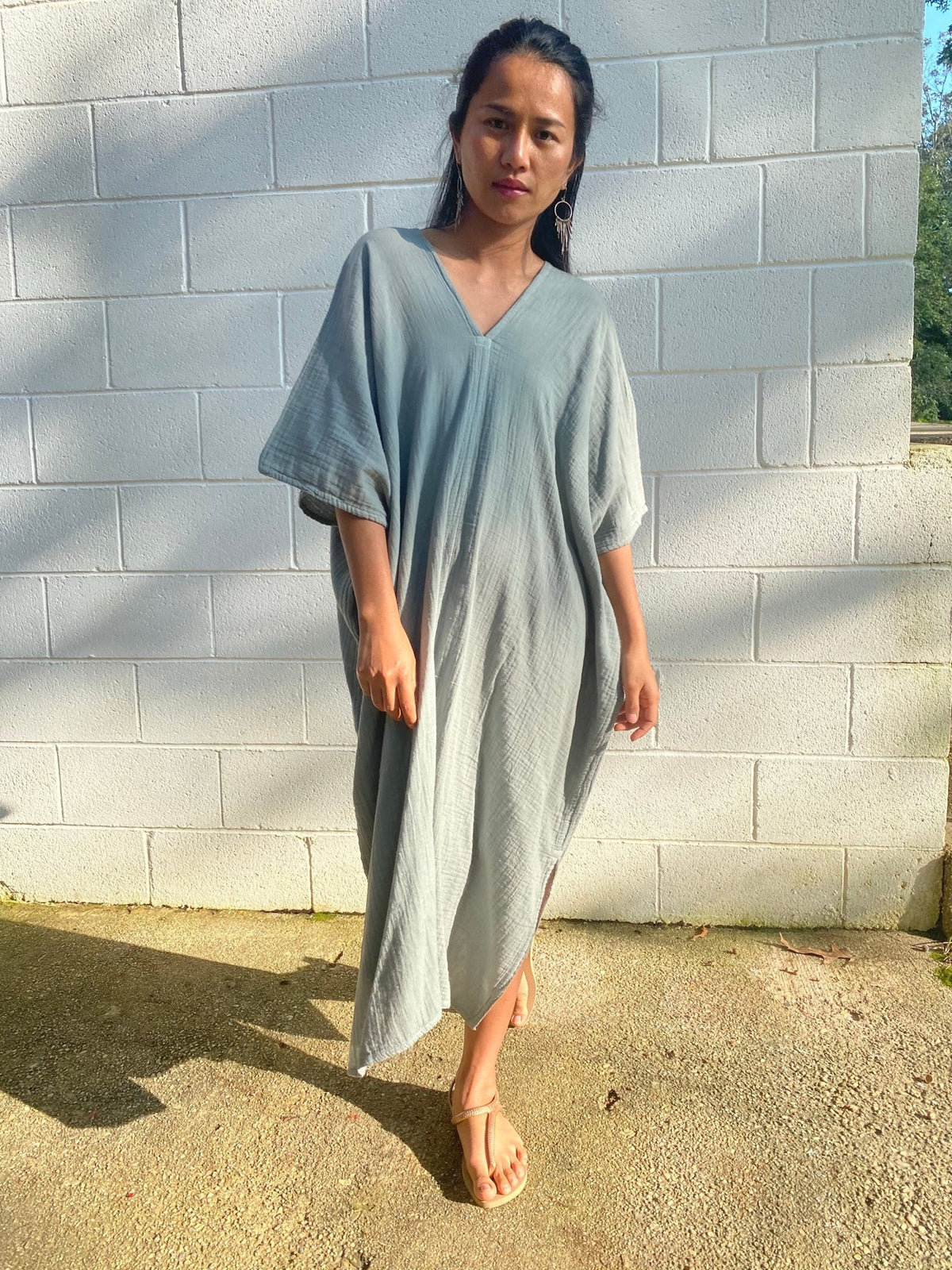 MALA handworks Skye Double Gauze Cotton Midi Kaftan in Green Sage