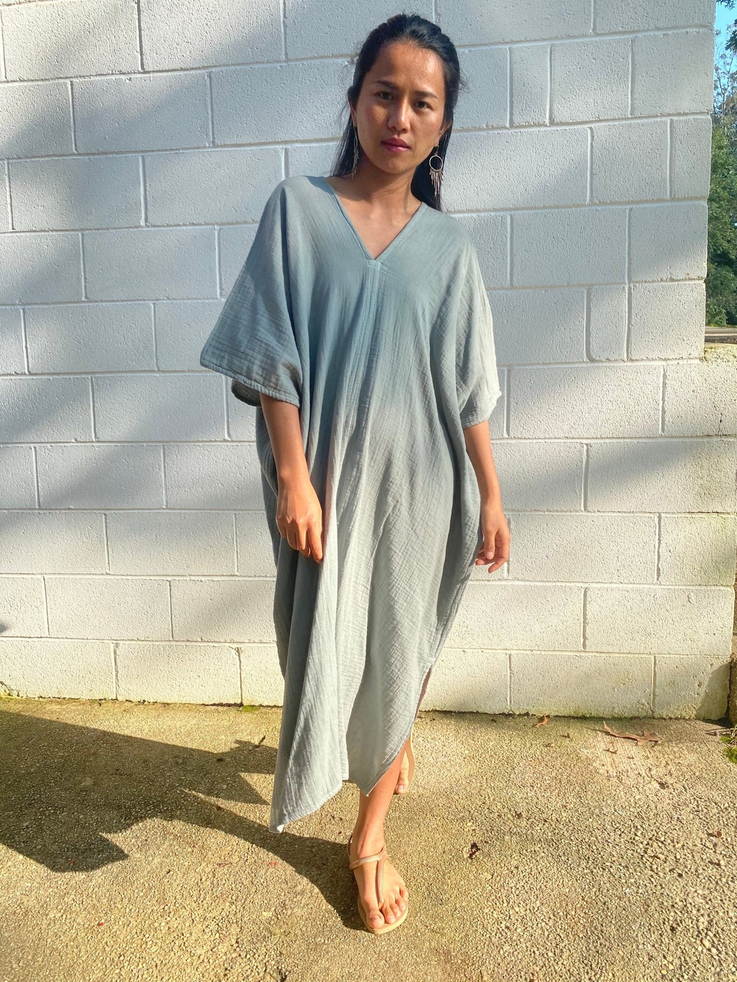 MALA handworks Skye Double Gauze Cotton Midi Kaftan in Green Sage