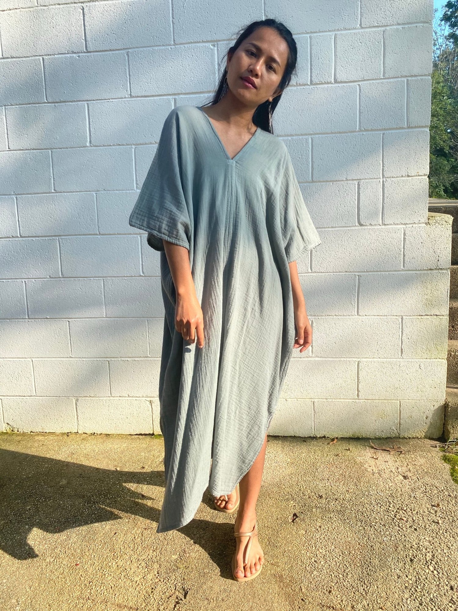 MALA handworks Skye Double Gauze Cotton Midi Kaftan in Green Sage