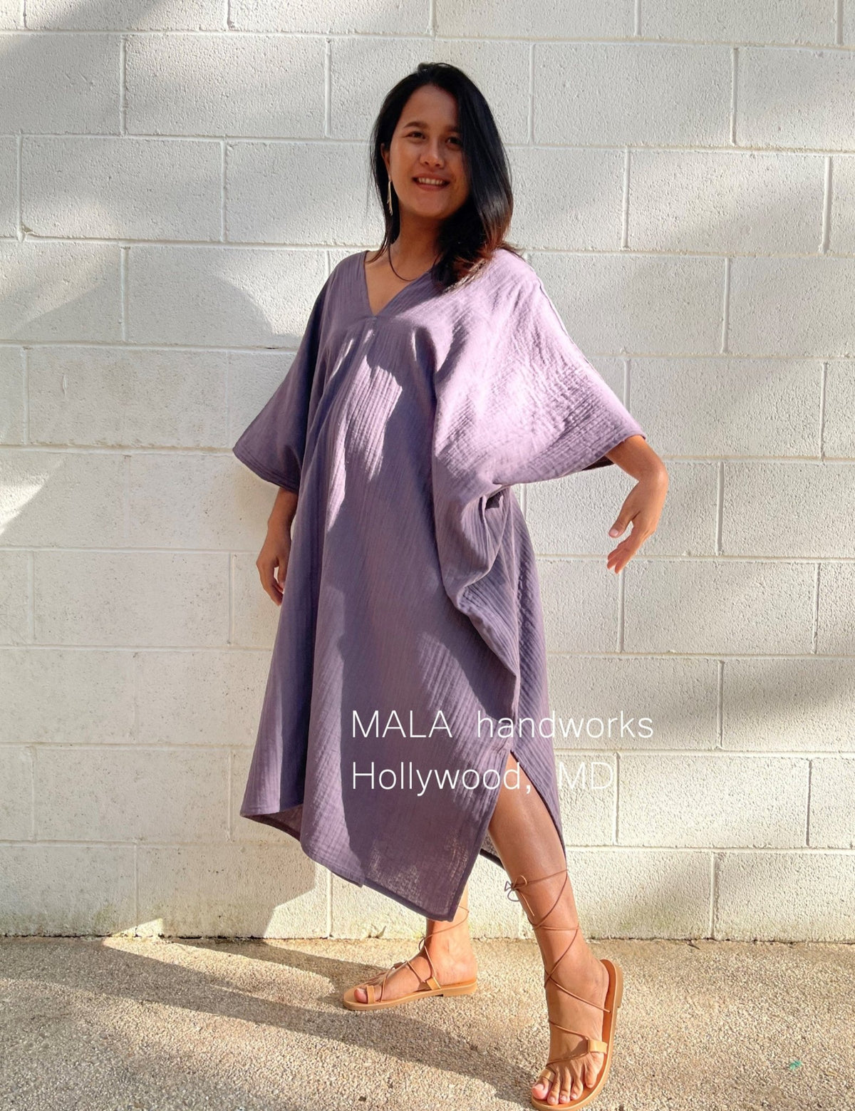 MALA handworks  Skye Double Gauze Cotton Midi Kaftan in Lavender Purple