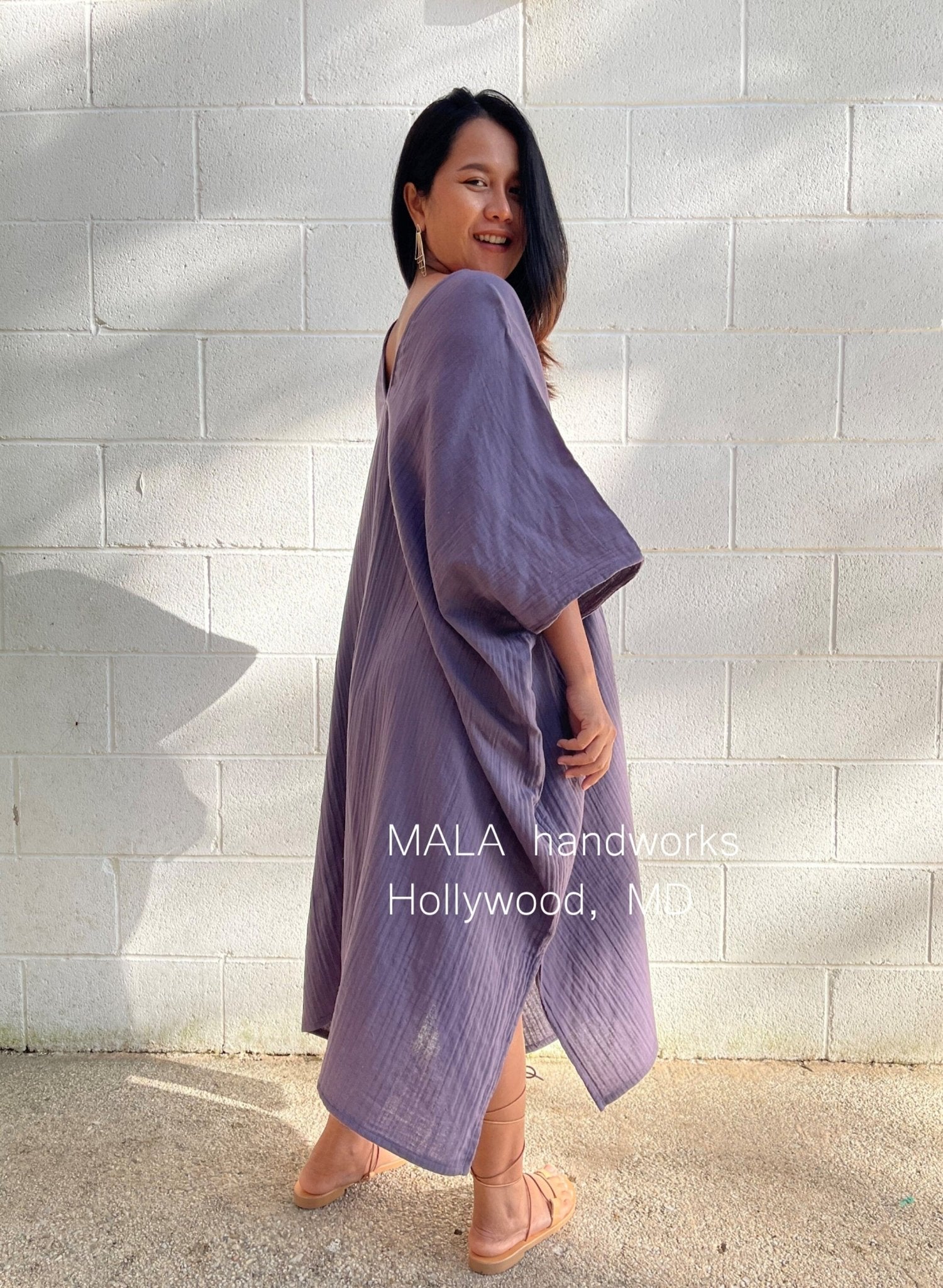 MALA handworks  Skye Double Gauze Cotton Midi Kaftan in Lavender Purple