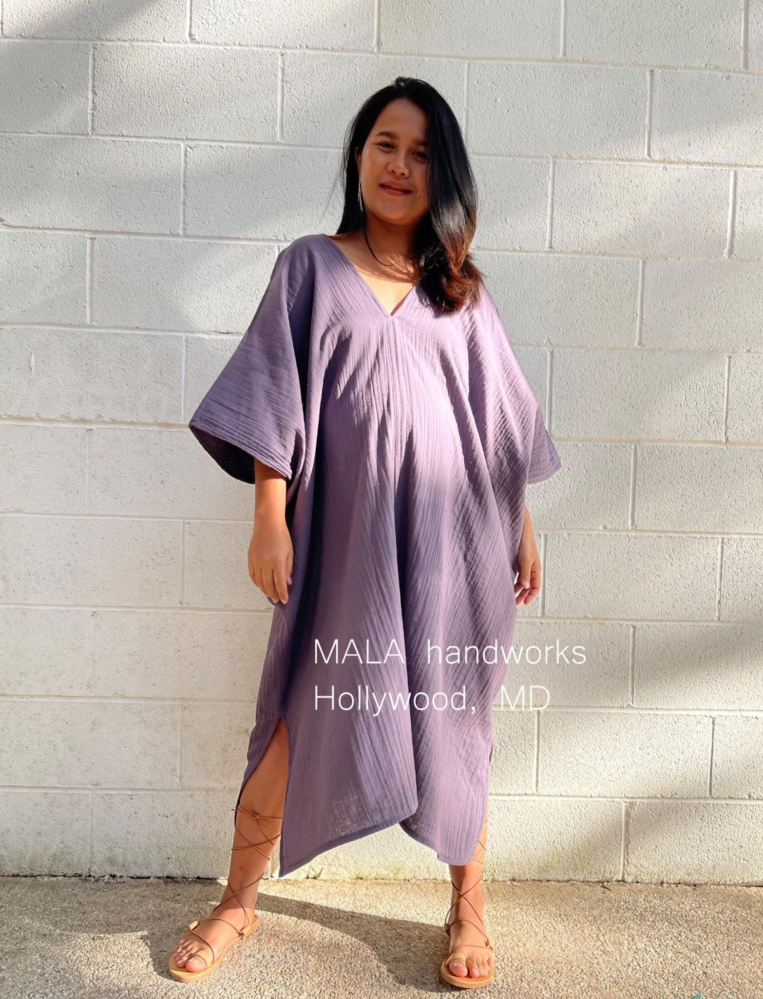 MALA handworks  Skye Double Gauze Cotton Midi Kaftan in Lavender Purple
