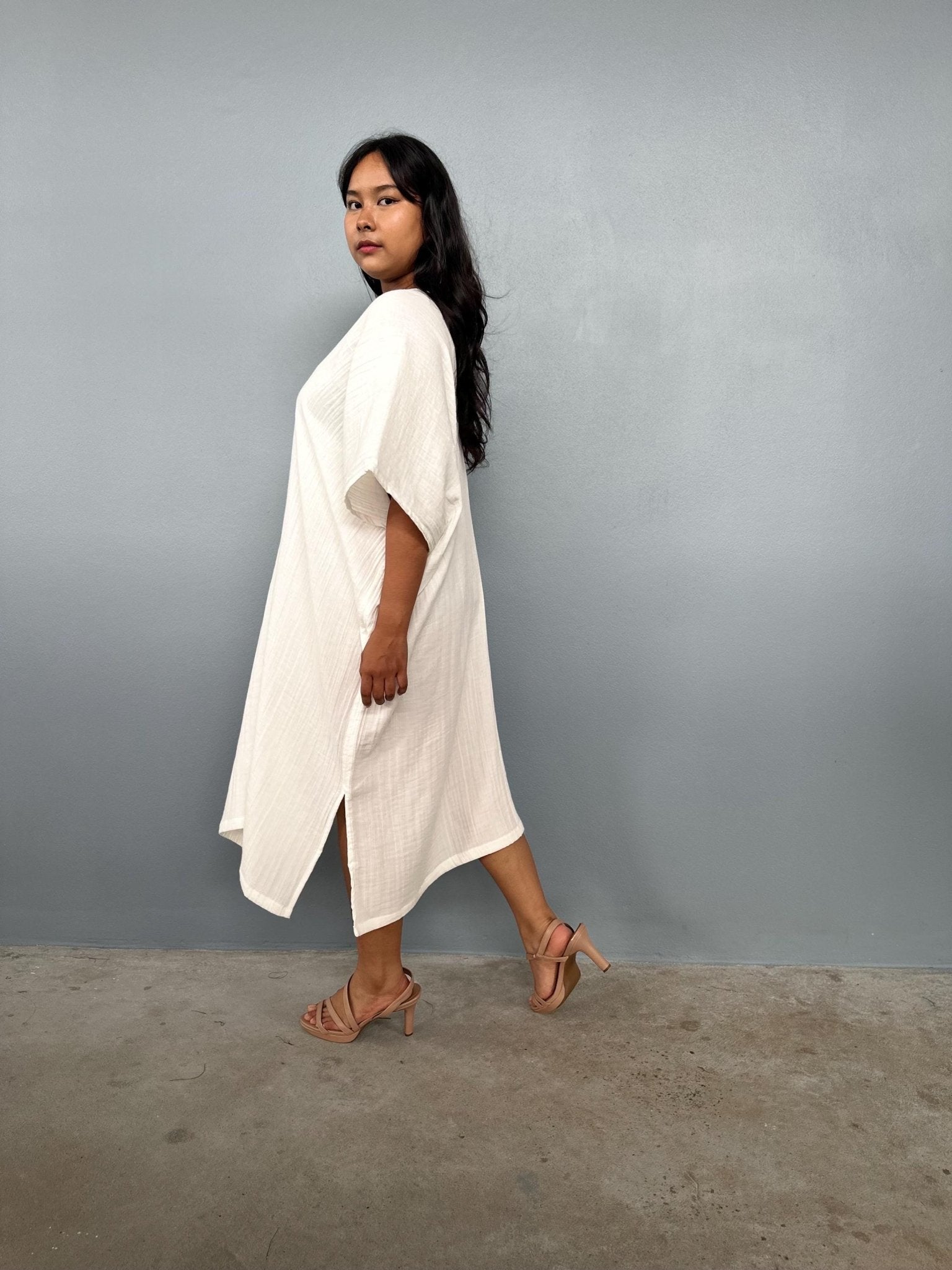 Skye Double Gauze Cotton Midi Kaftan in Natural White - Mala Handworks