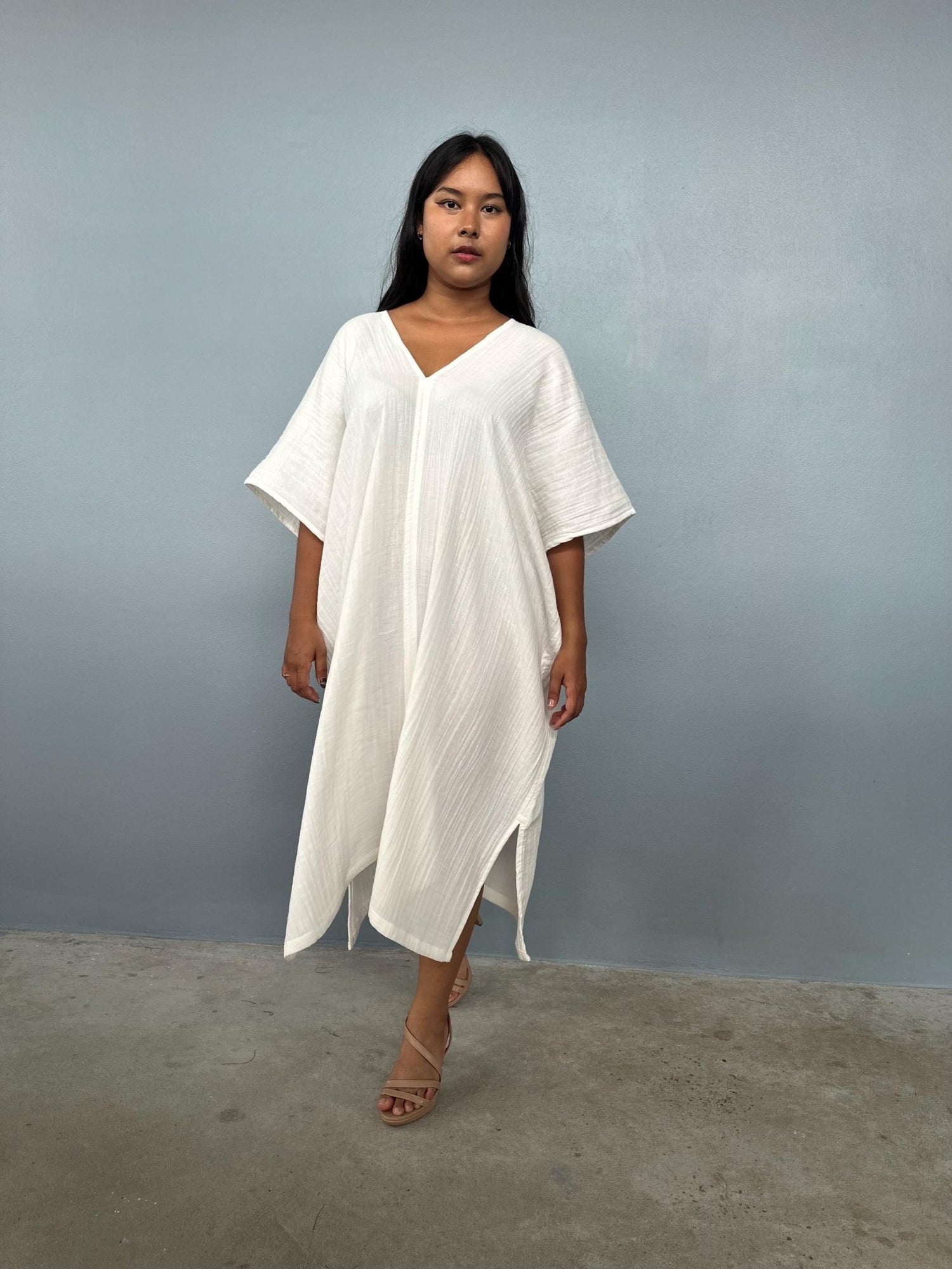 Skye Double Gauze Cotton Midi Kaftan in Natural White - Mala Handworks