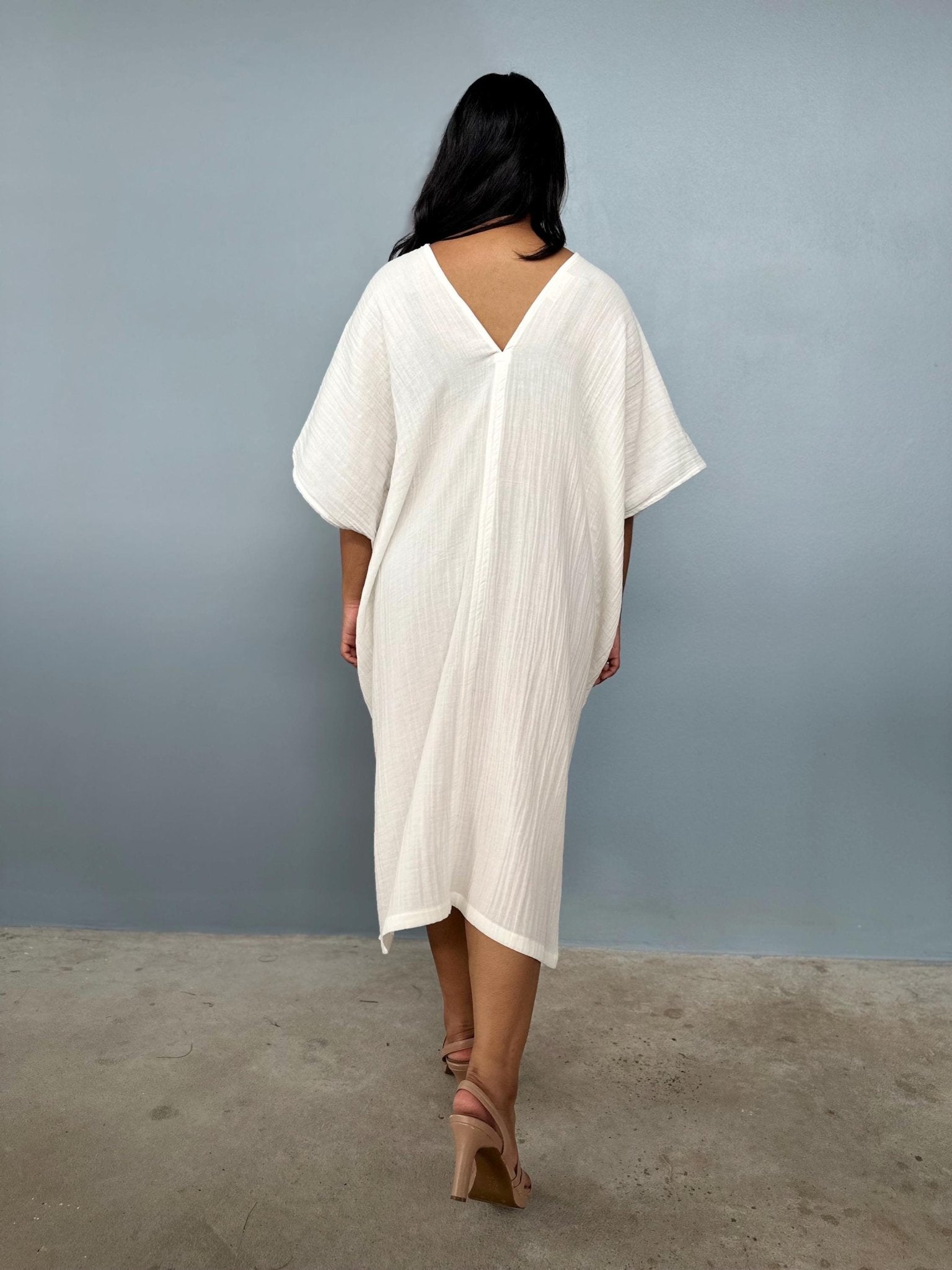 Skye Double Gauze Cotton Midi Kaftan in Natural White - Mala Handworks