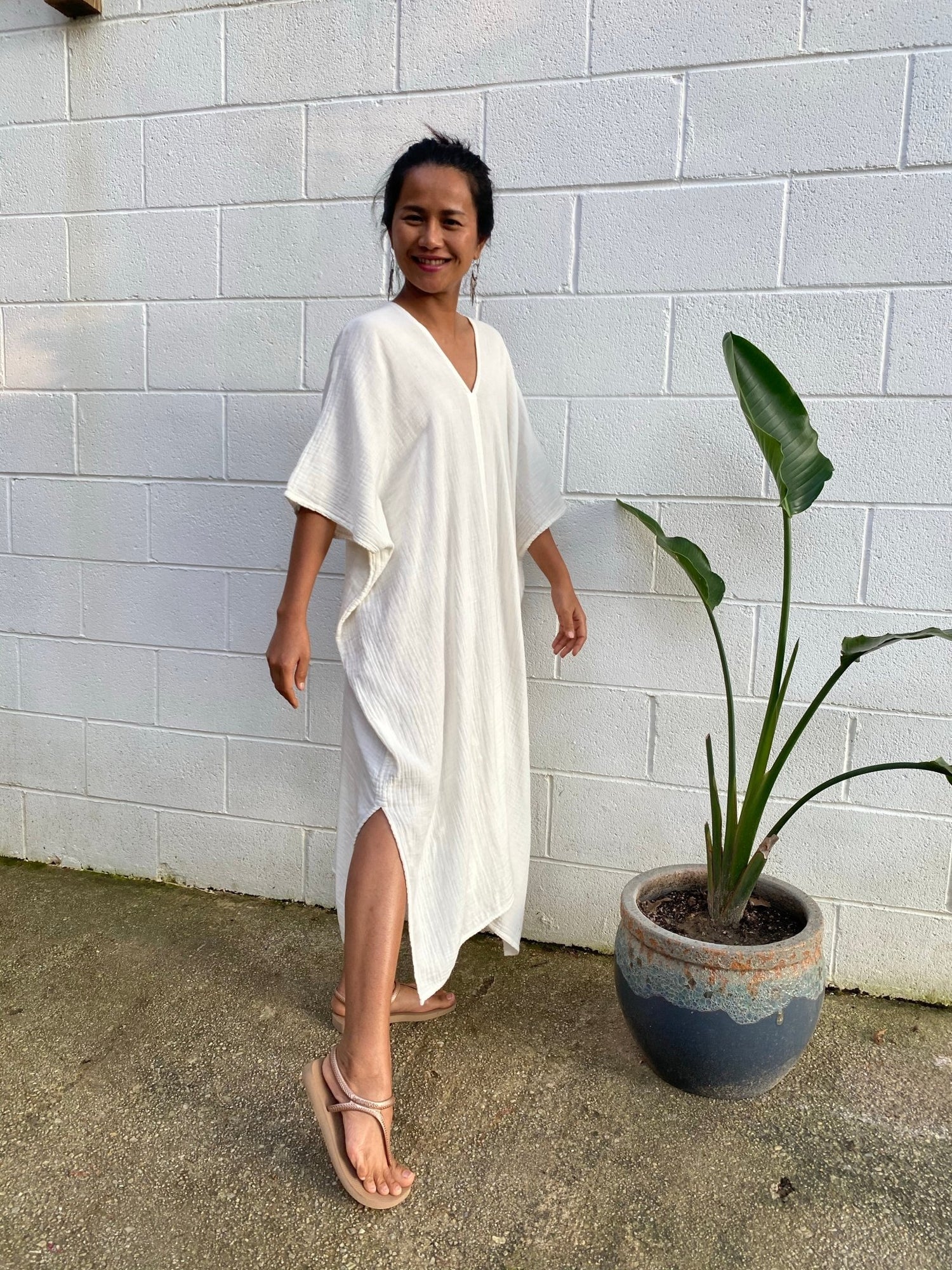 MALA handworks Skye Double Gauze Cotton Midi Kaftan in Natural White