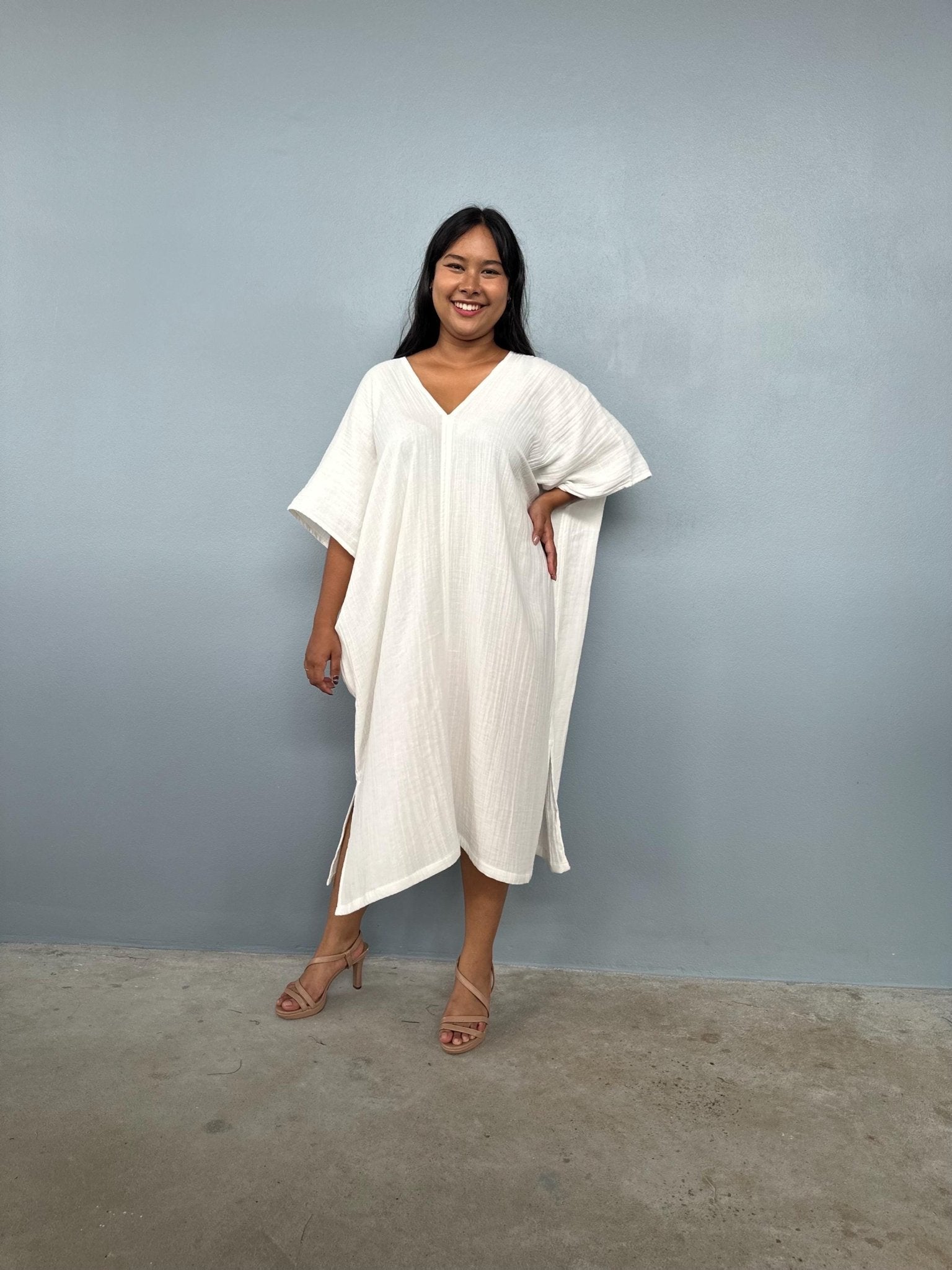 Mala Handworks | Skye Double Gauze Cotton Midi Kaftan in Natural White Mala Handworks | Skye Double Gauze Cotton Midi Kaftan in Natural White
