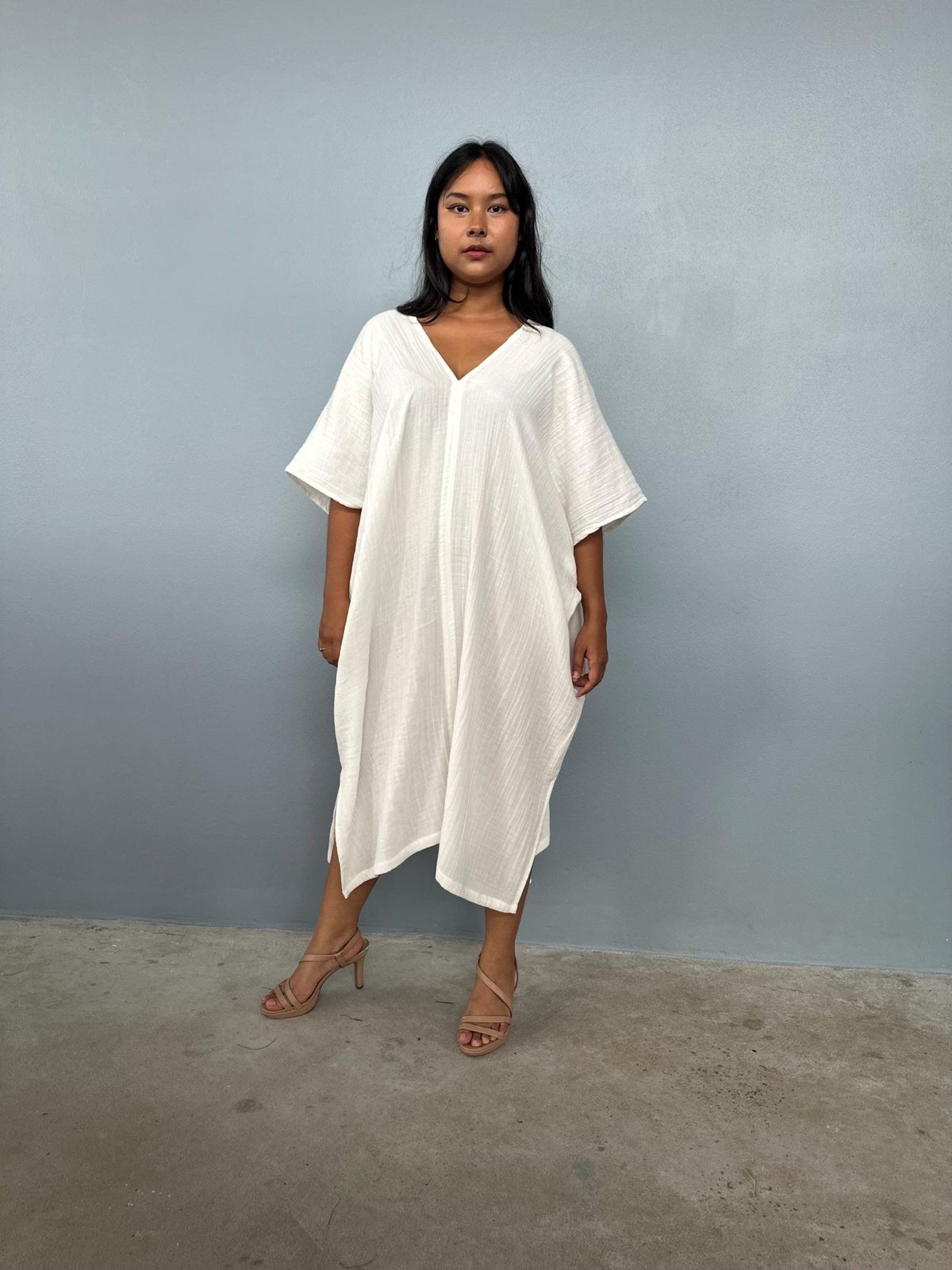 Skye Double Gauze Cotton Midi Kaftan in Natural White - Mala Handworks