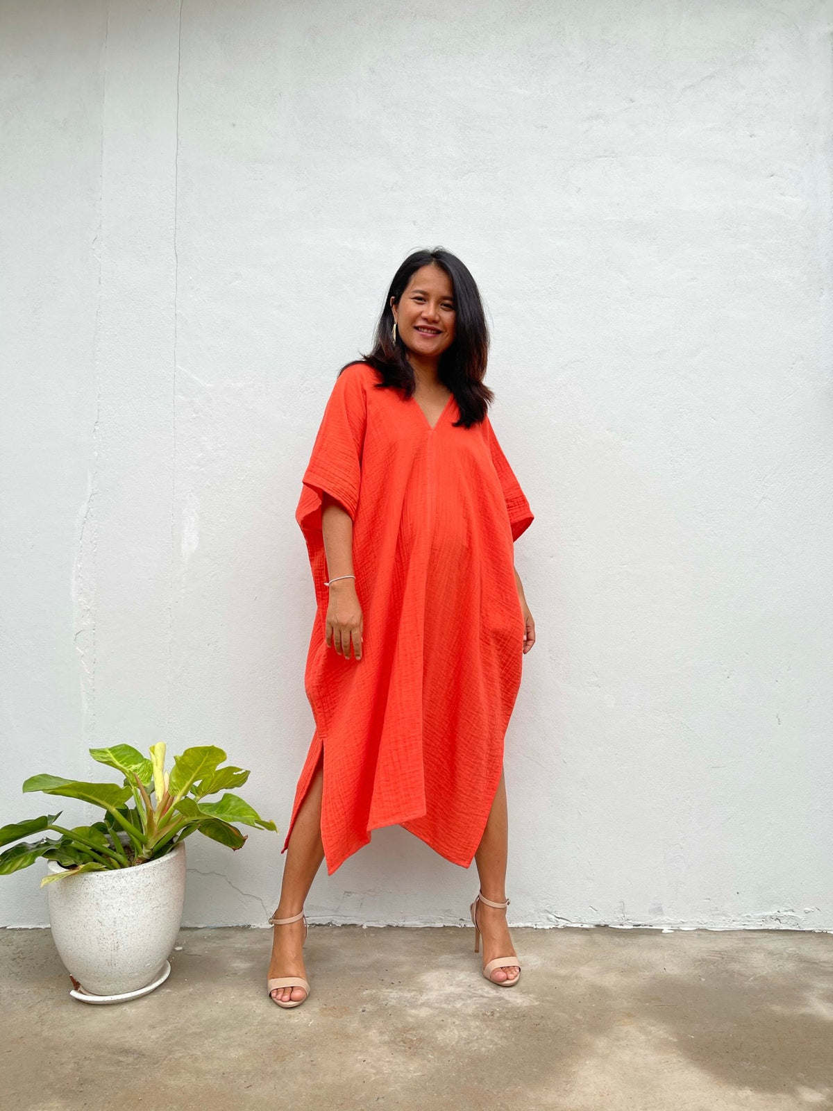 MALA handworks Skye Double Gauze Cotton Midi Kaftan in Orange