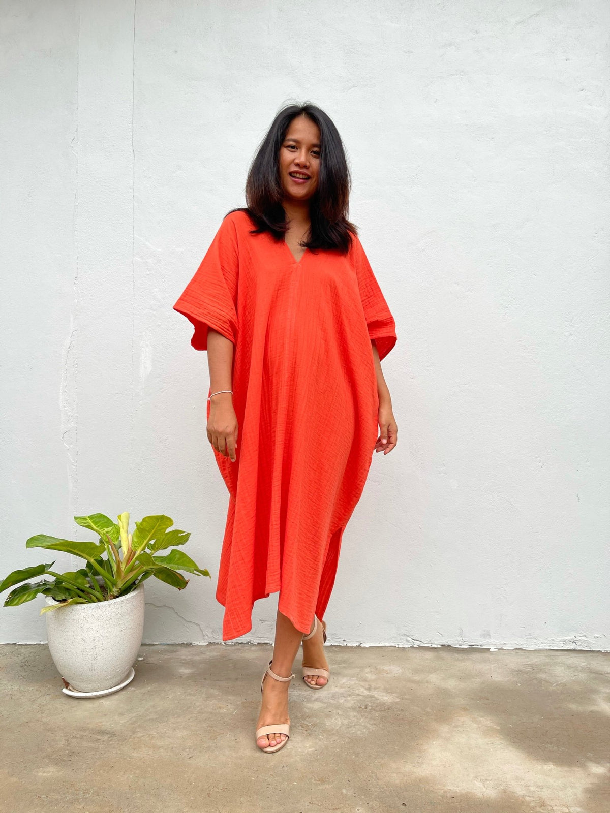MALA handworks Skye Double Gauze Cotton Midi Kaftan in Orange
