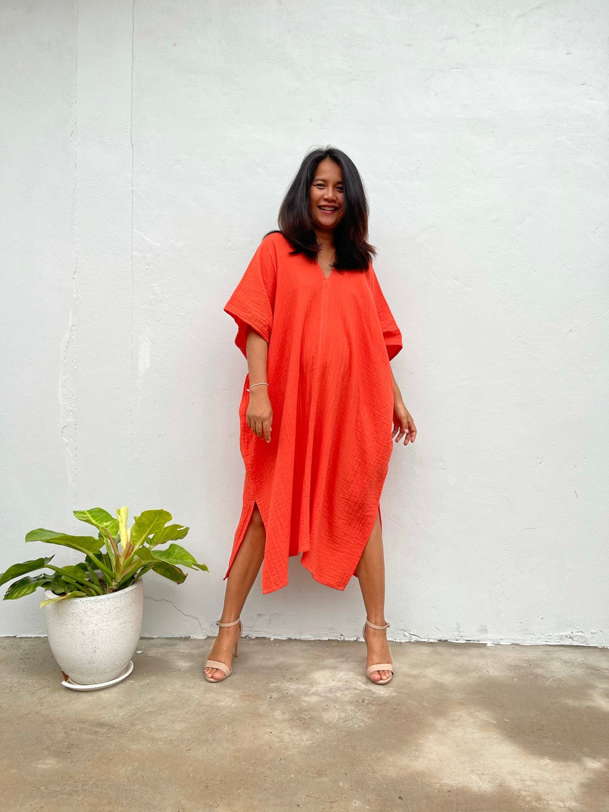 MALA handworks Skye Double Gauze Cotton Midi Kaftan in Orange