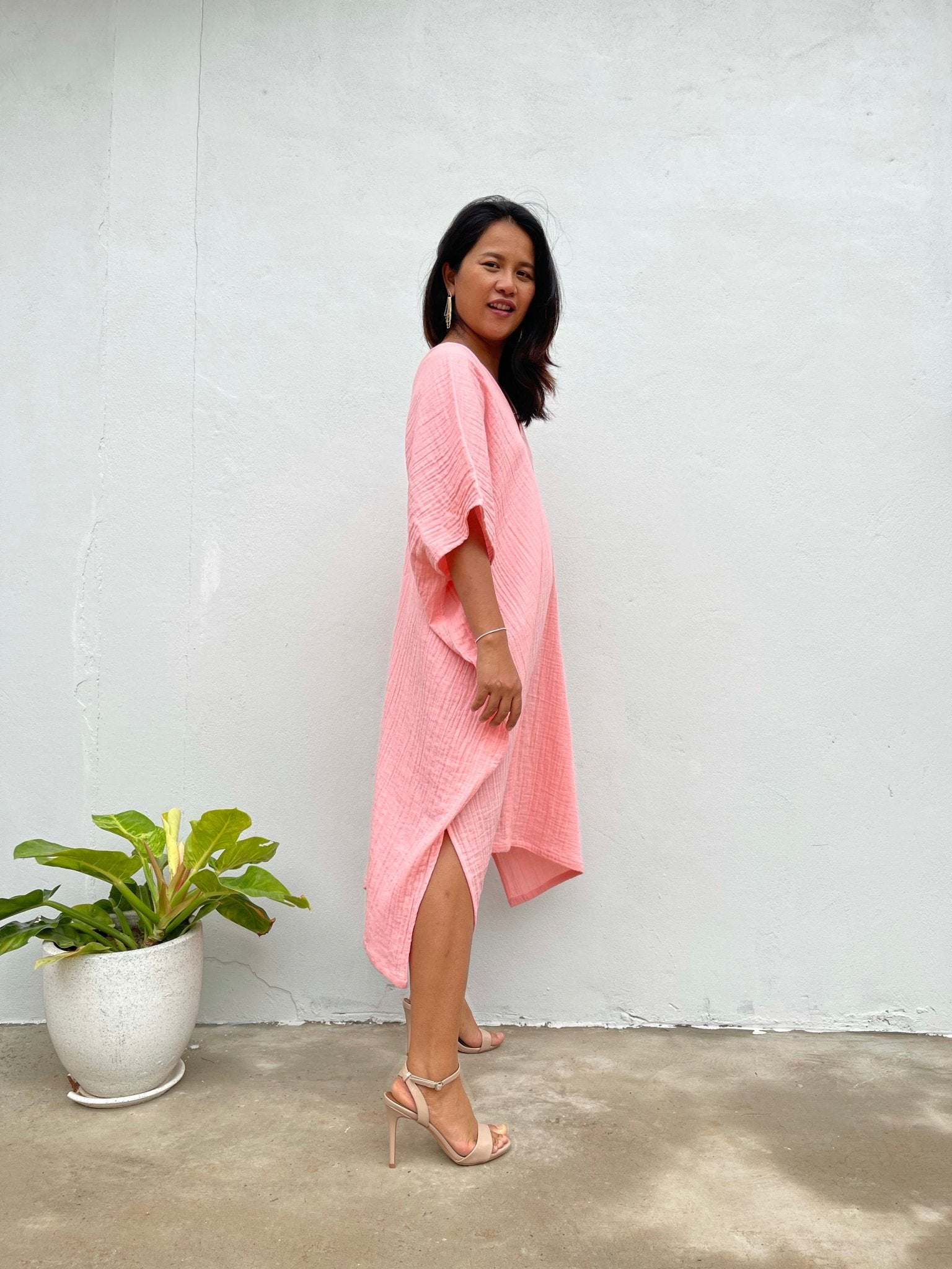 MALA handworks Skye Double Gauze Cotton Midi Kaftan in Pink
