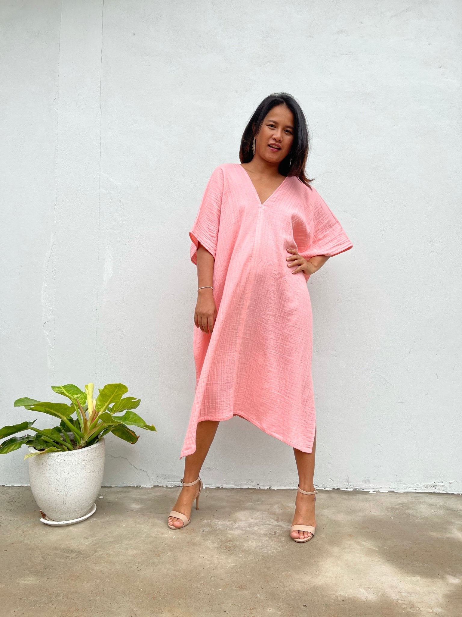 MALA handworks Skye Double Gauze Cotton Midi Kaftan in Pink