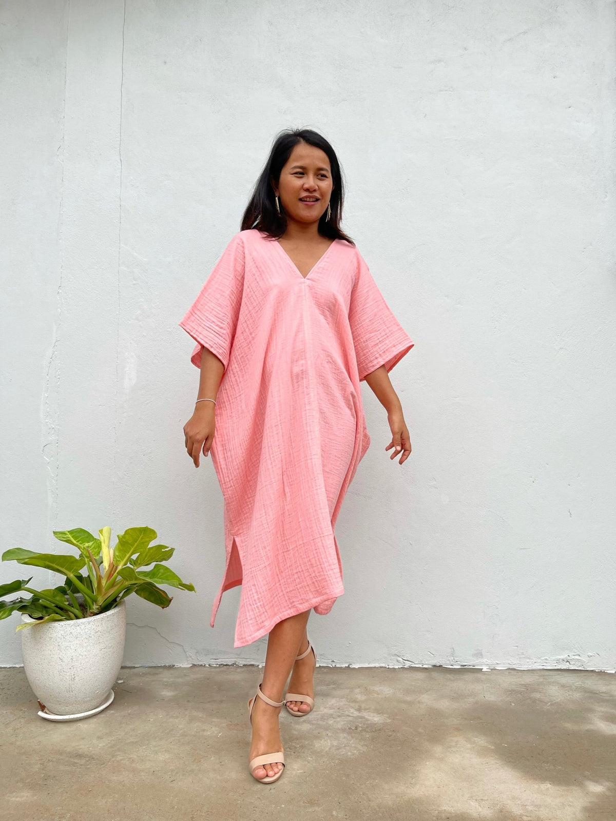 MALA handworks Skye Double Gauze Cotton Midi Kaftan in Pink