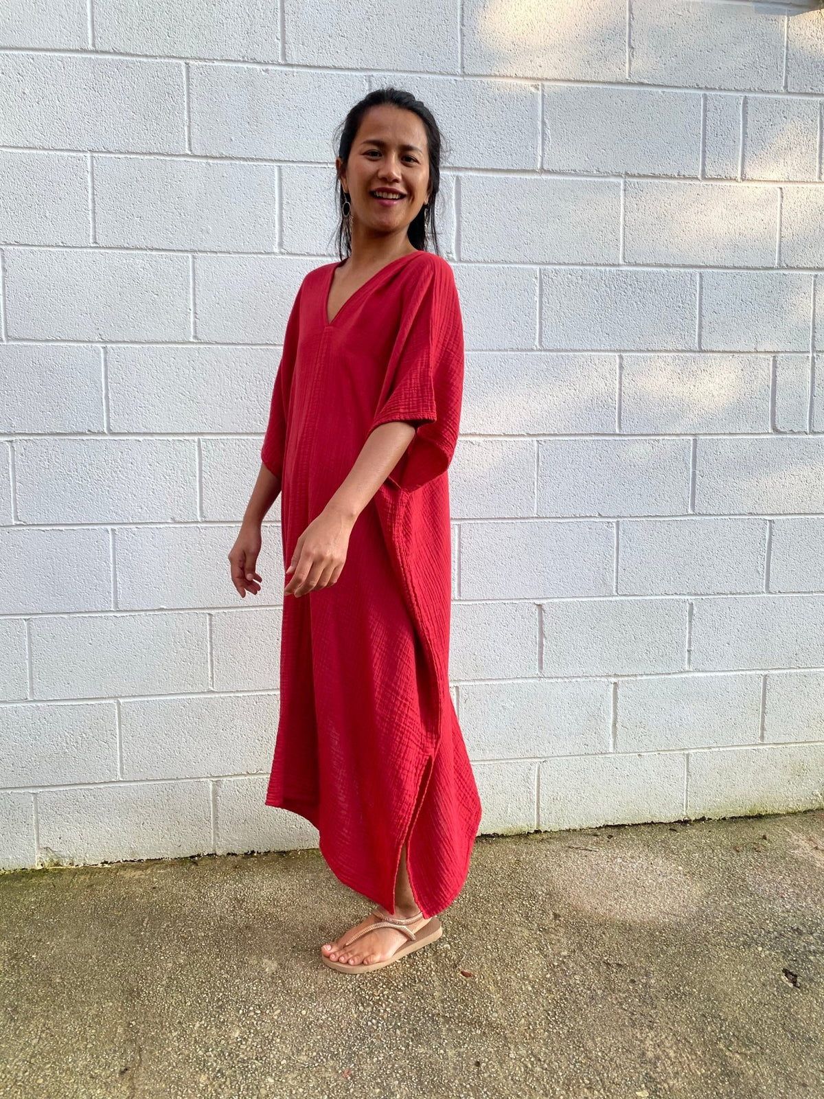 MALA handworks Skye Double Gauze Cotton Midi Kaftan in Red