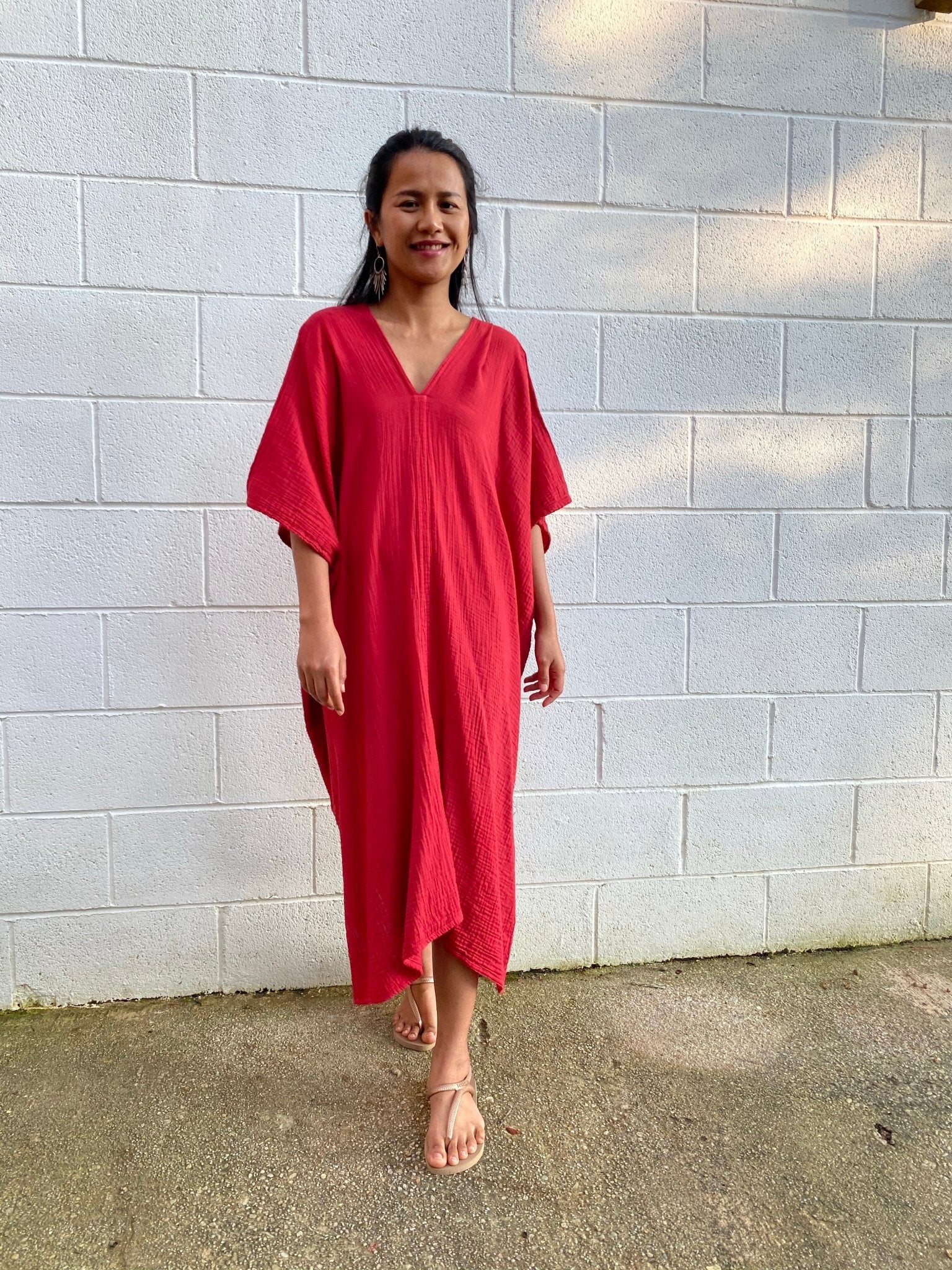 MALA handworks Skye Double Gauze Cotton Midi Kaftan in Red