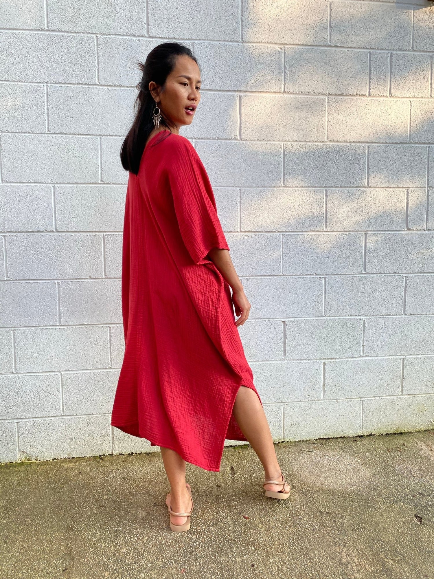 MALA handworks Skye Double Gauze Cotton Midi Kaftan in Red